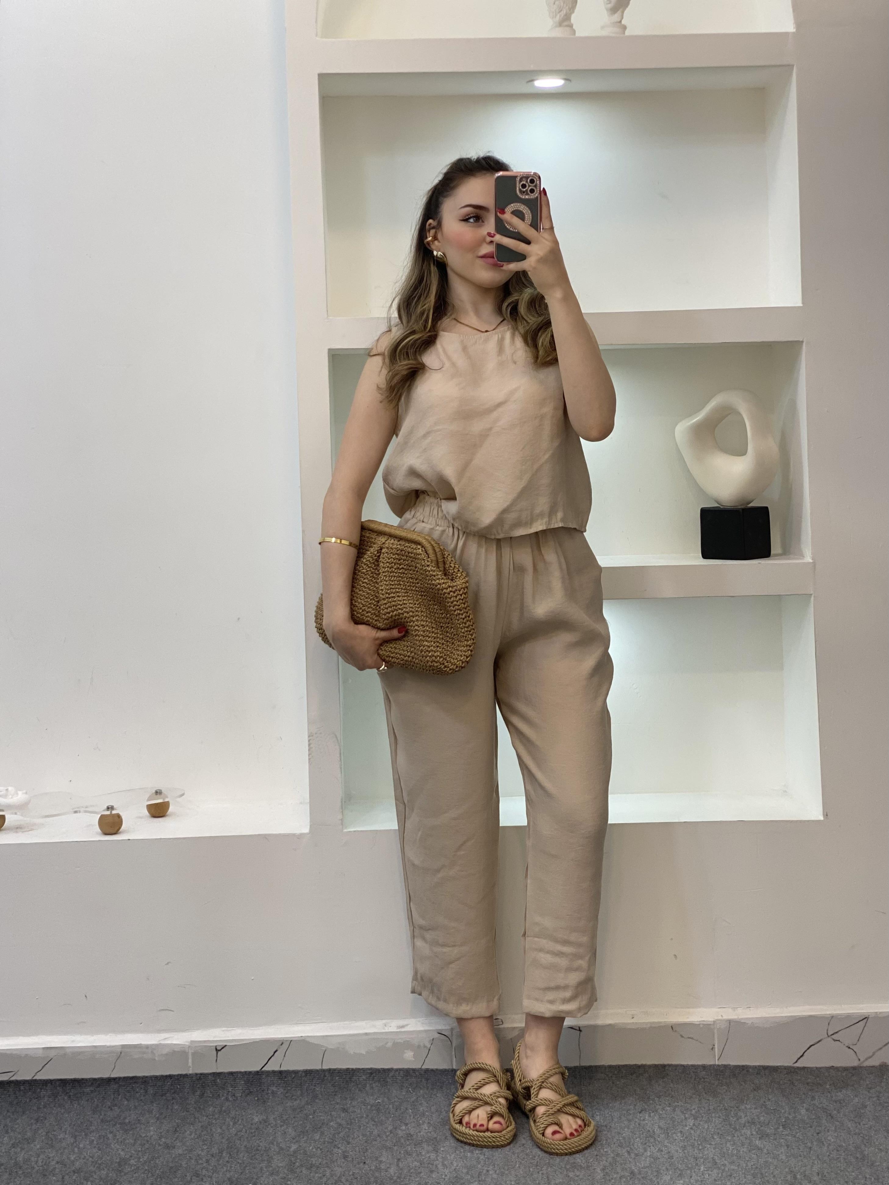 Bej Bluz Pantolon Tensel Takım