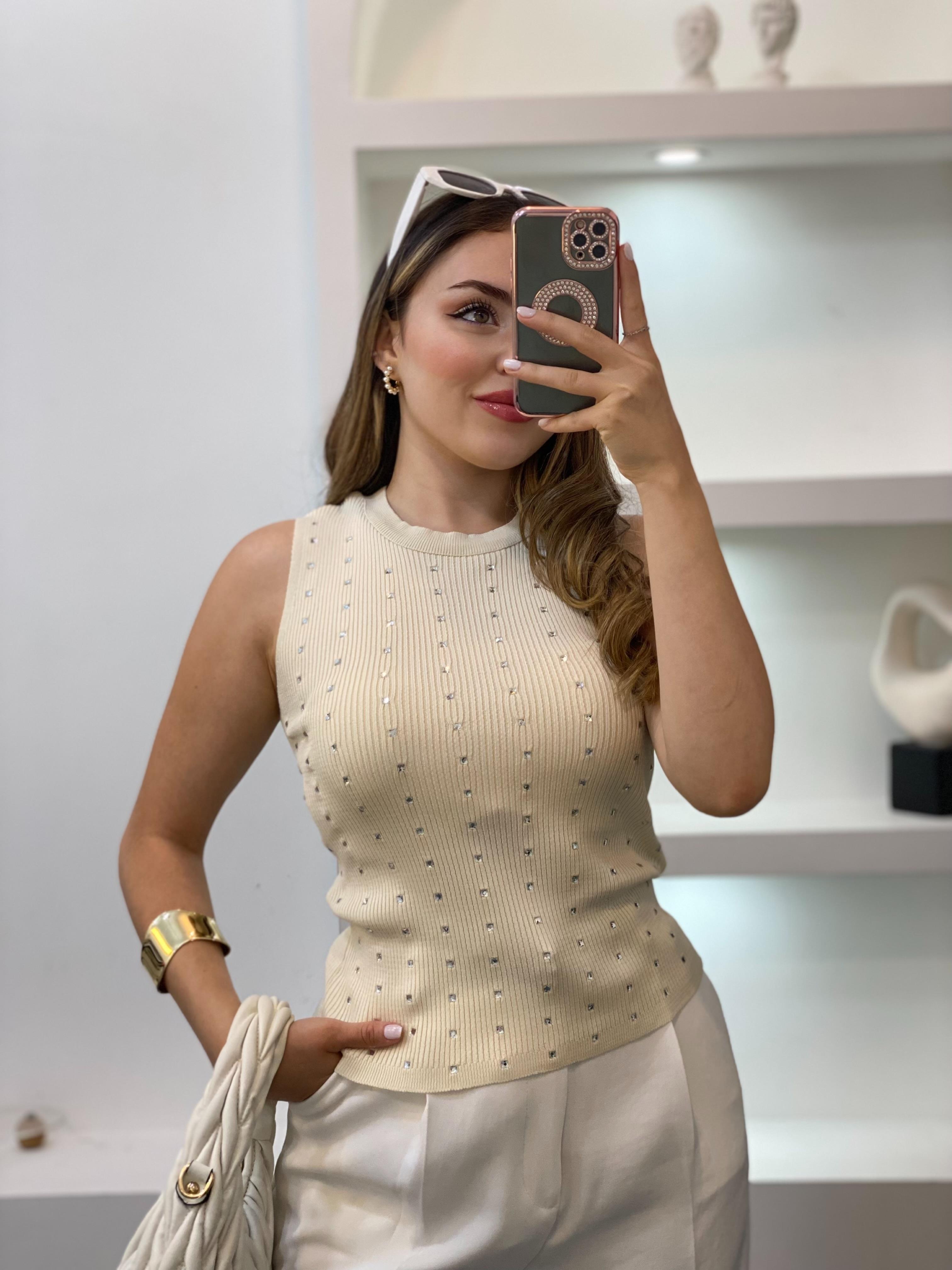 Bej Damla Taşlı Triko Bluz