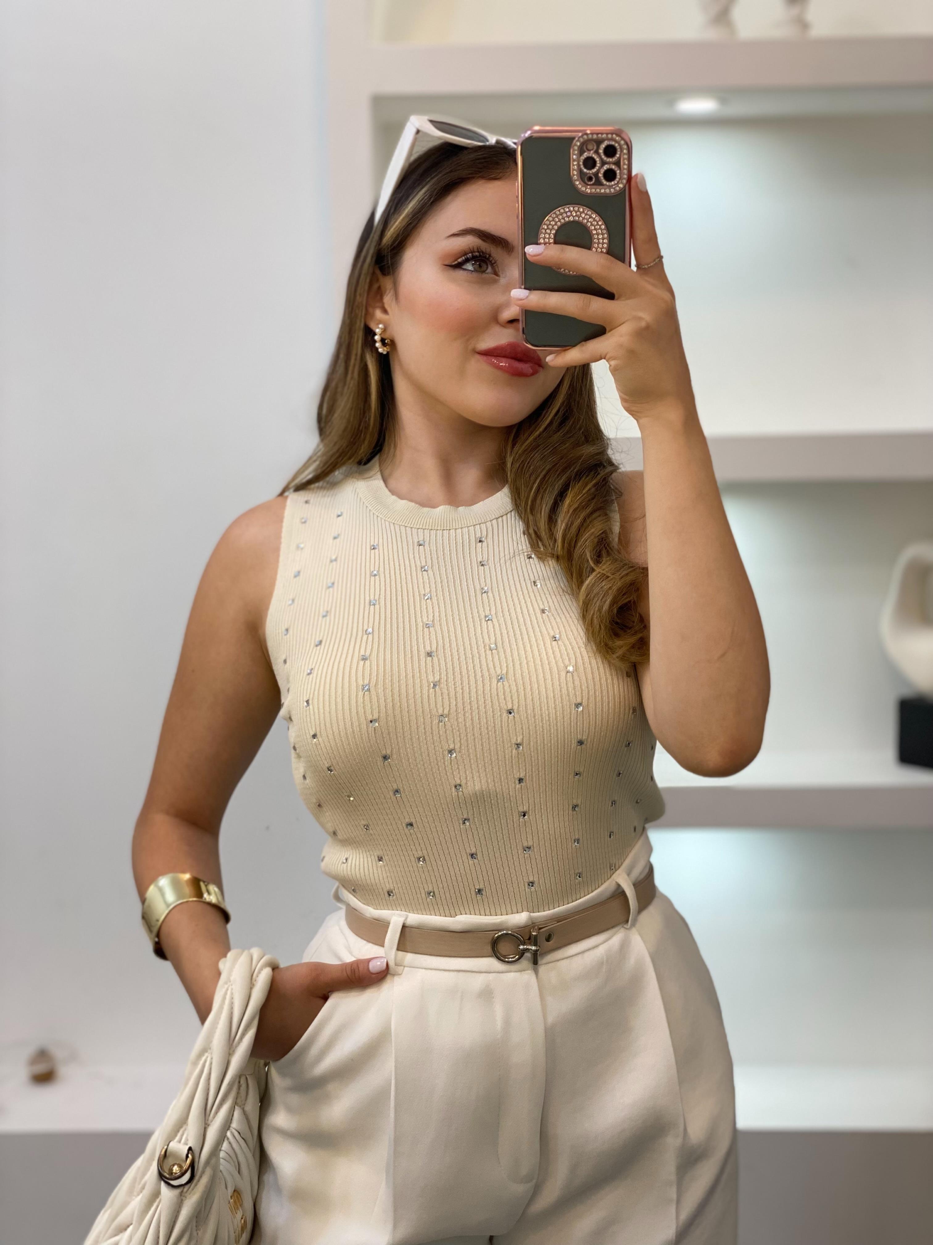 Bej Damla Taşlı Triko Bluz