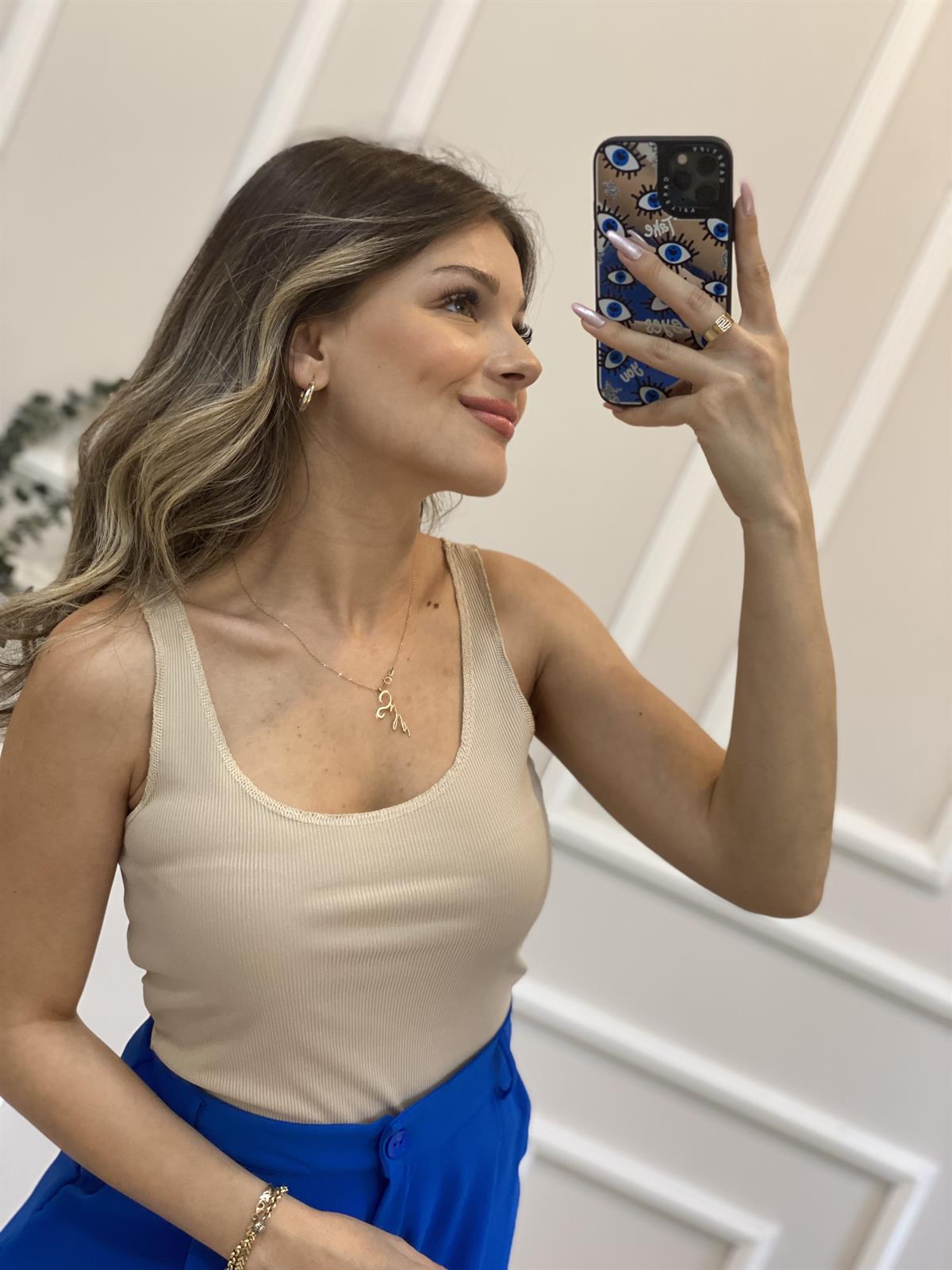 Bej Dikişli Askılı Uzun Crop