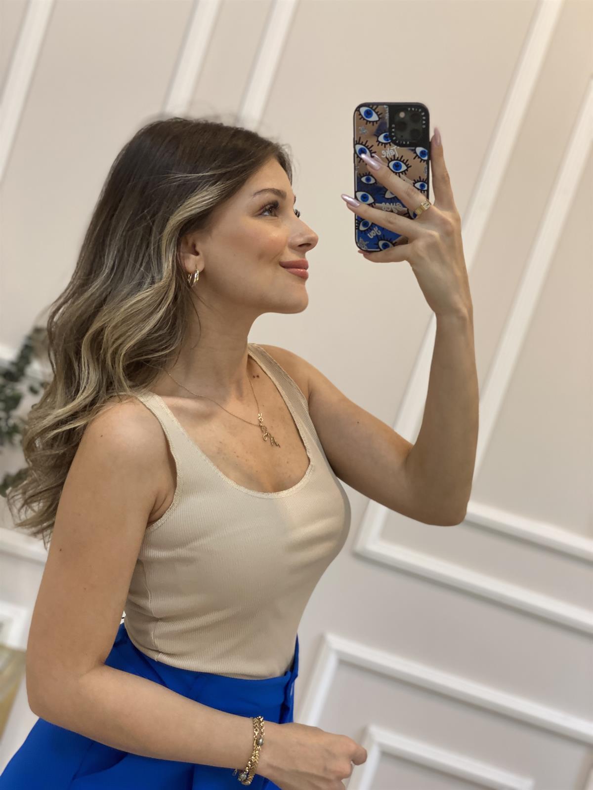 Bej Dikişli Askılı Uzun Crop