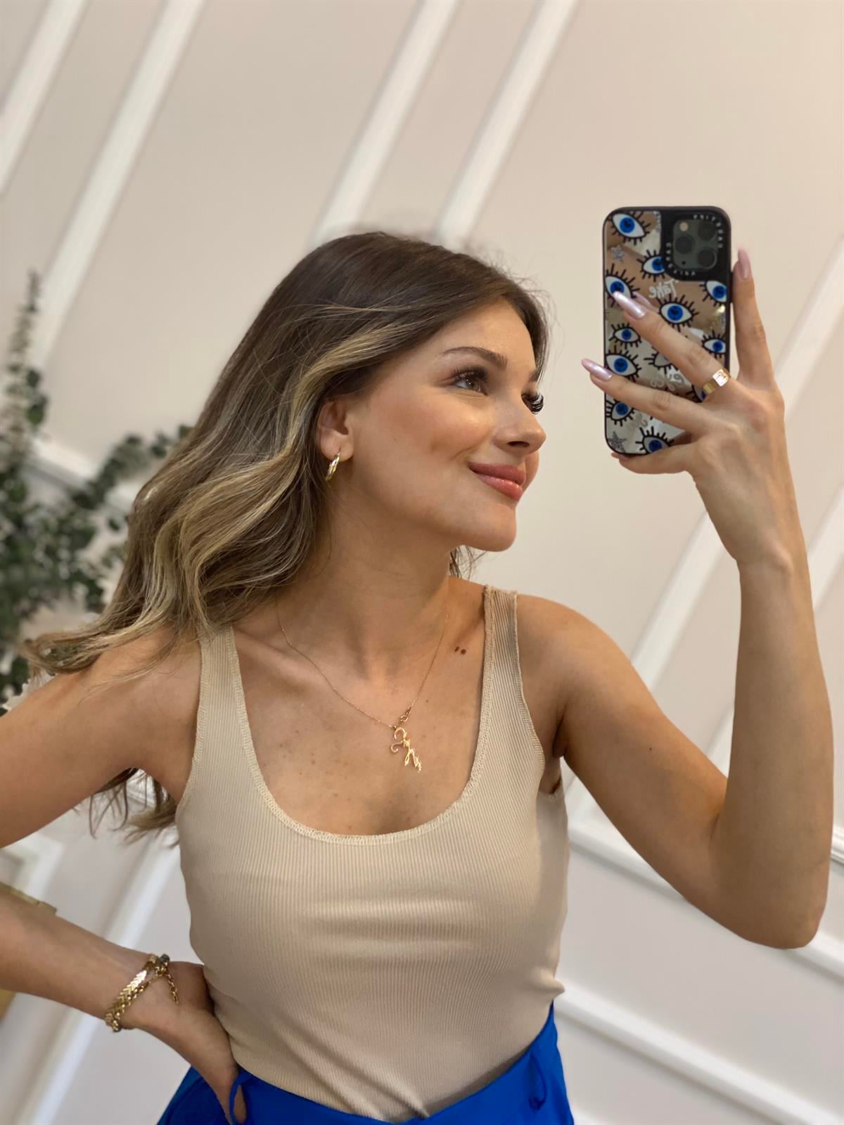 Bej Dikişli Askılı Uzun Crop