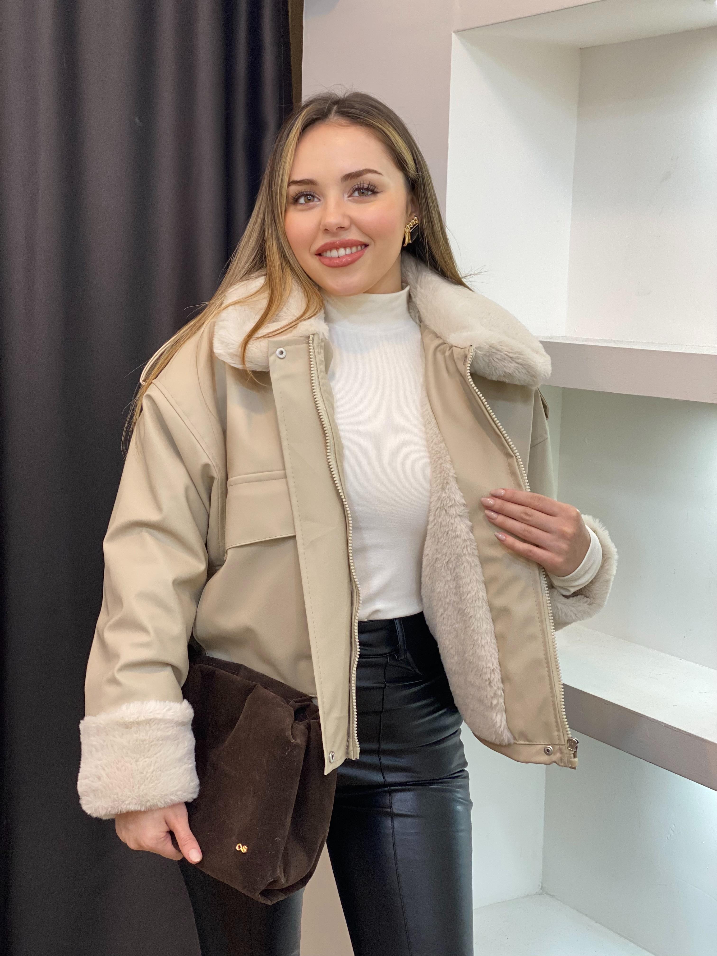 Bej İçi Full Kürklü Deri Mont 