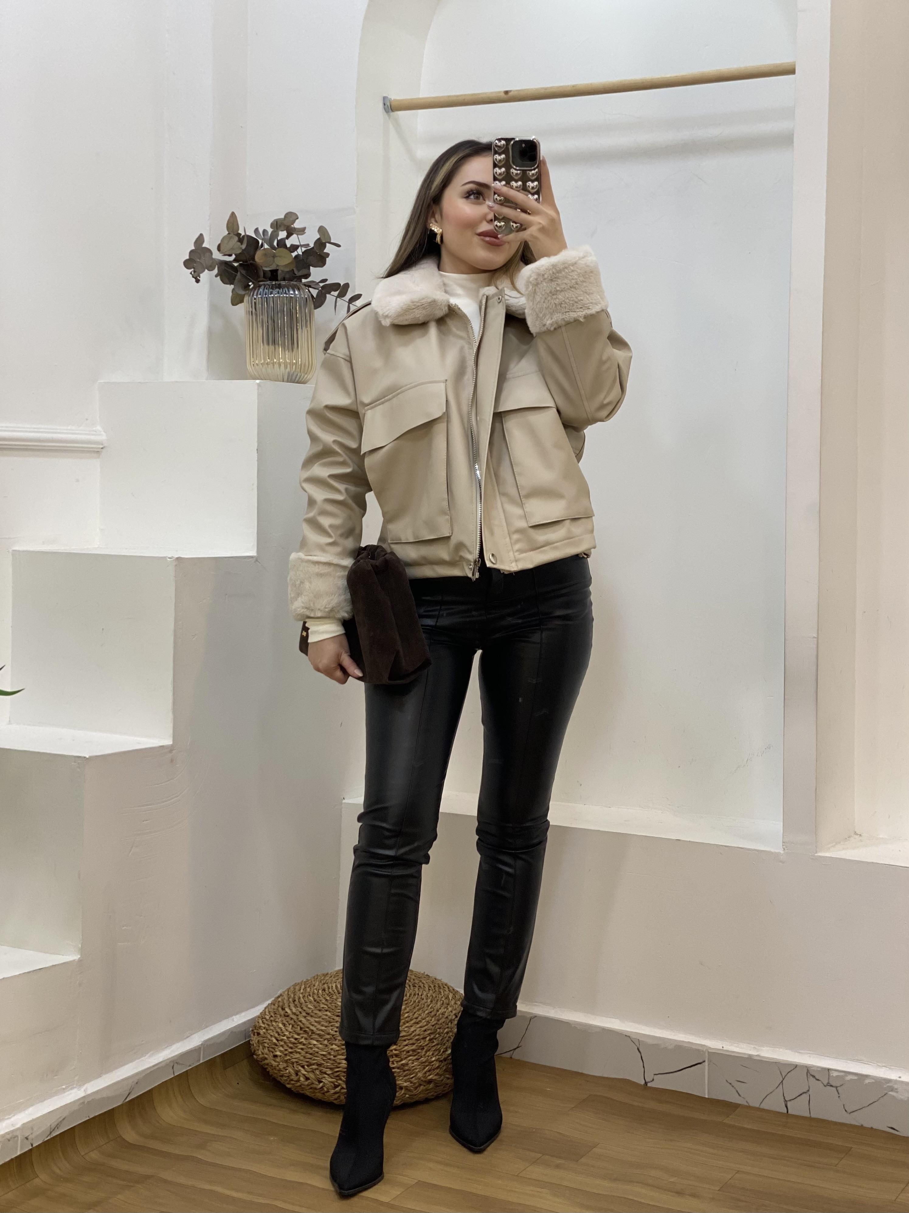 Bej İçi Full Kürklü Deri Mont 