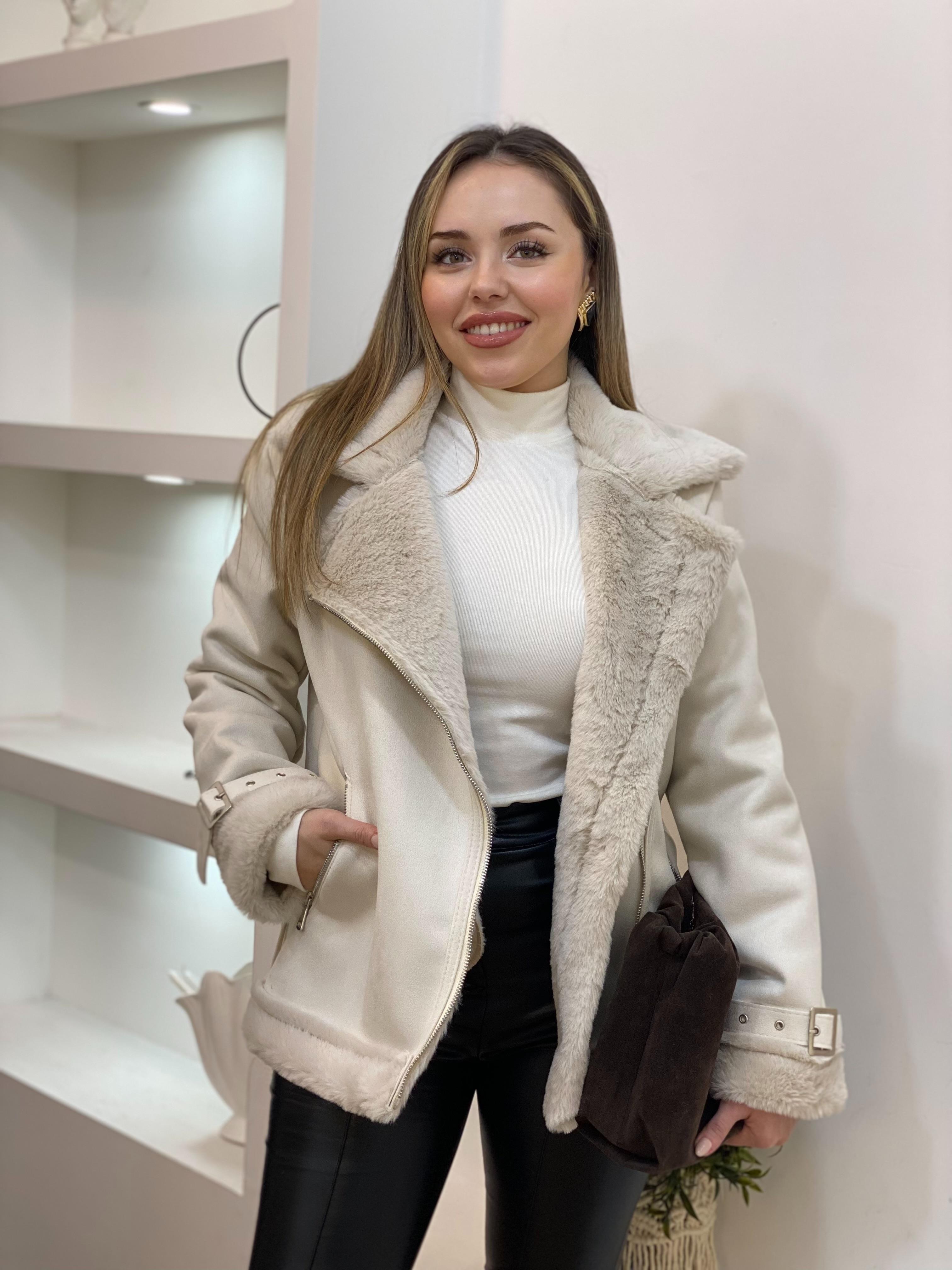 Bej İçi Kürklü Biker Süet Mont