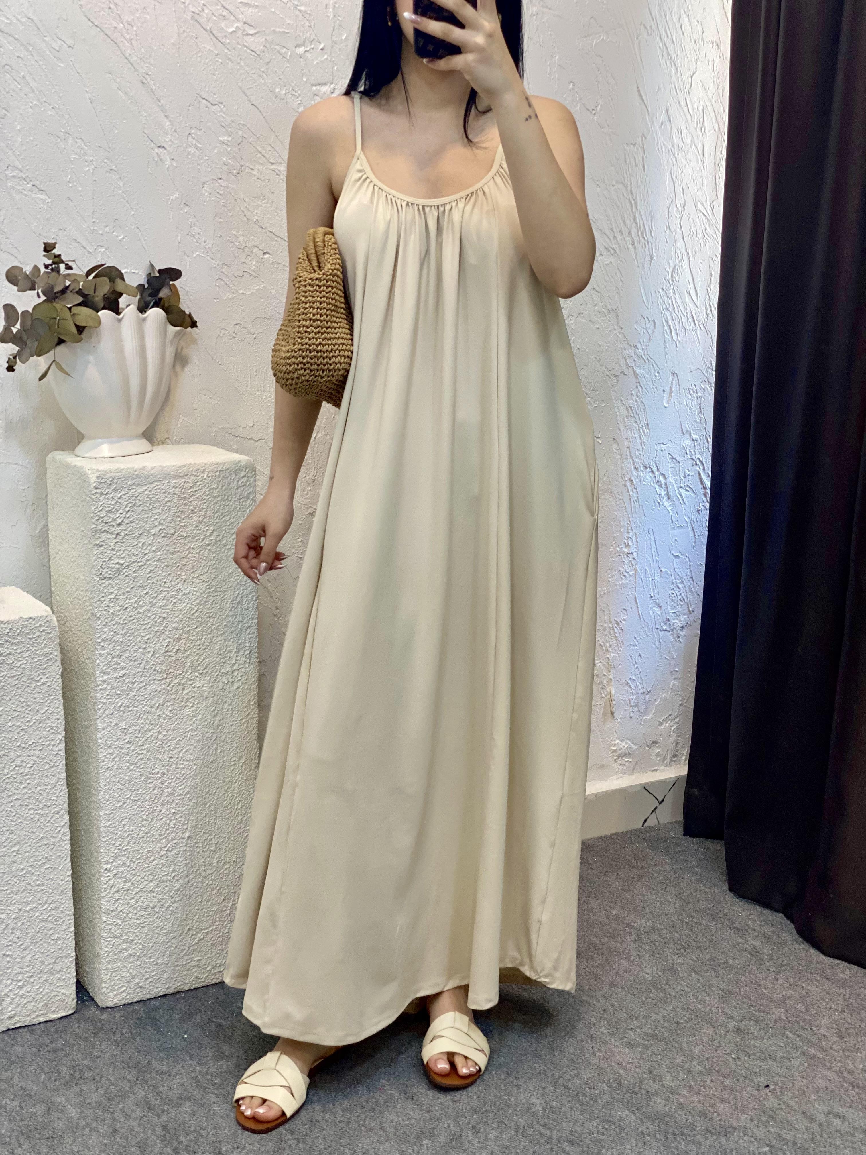 Bej İp Ayarlanabilir Askılı Modal Kumaş Elbise 