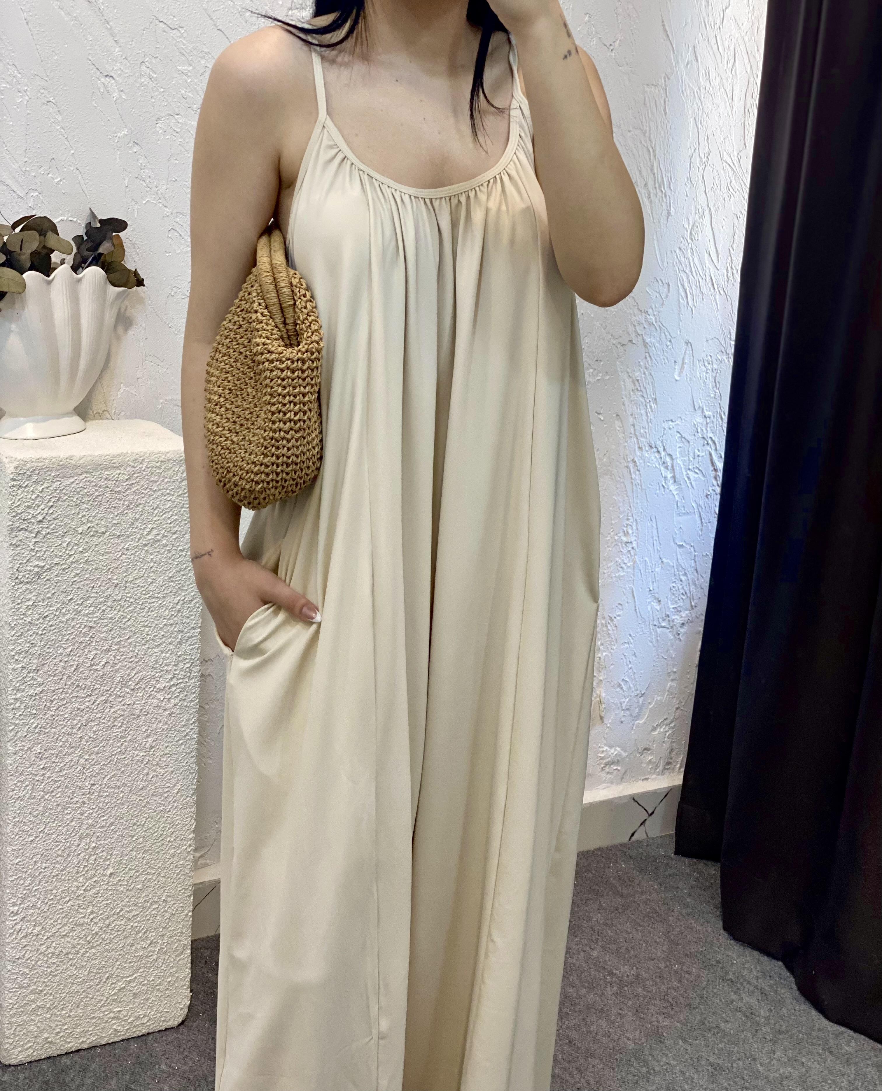 Bej İp Ayarlanabilir Askılı Modal Kumaş Elbise 