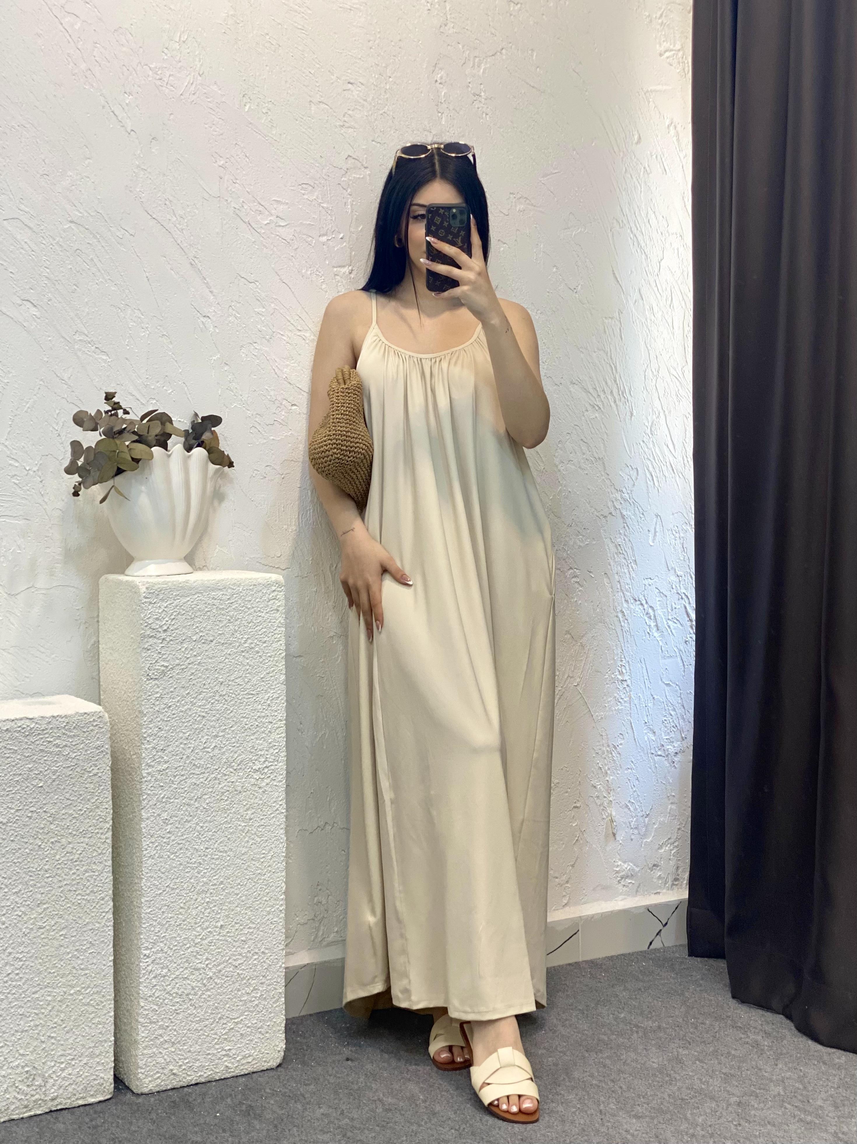 Bej İp Ayarlanabilir Askılı Modal Kumaş Elbise 