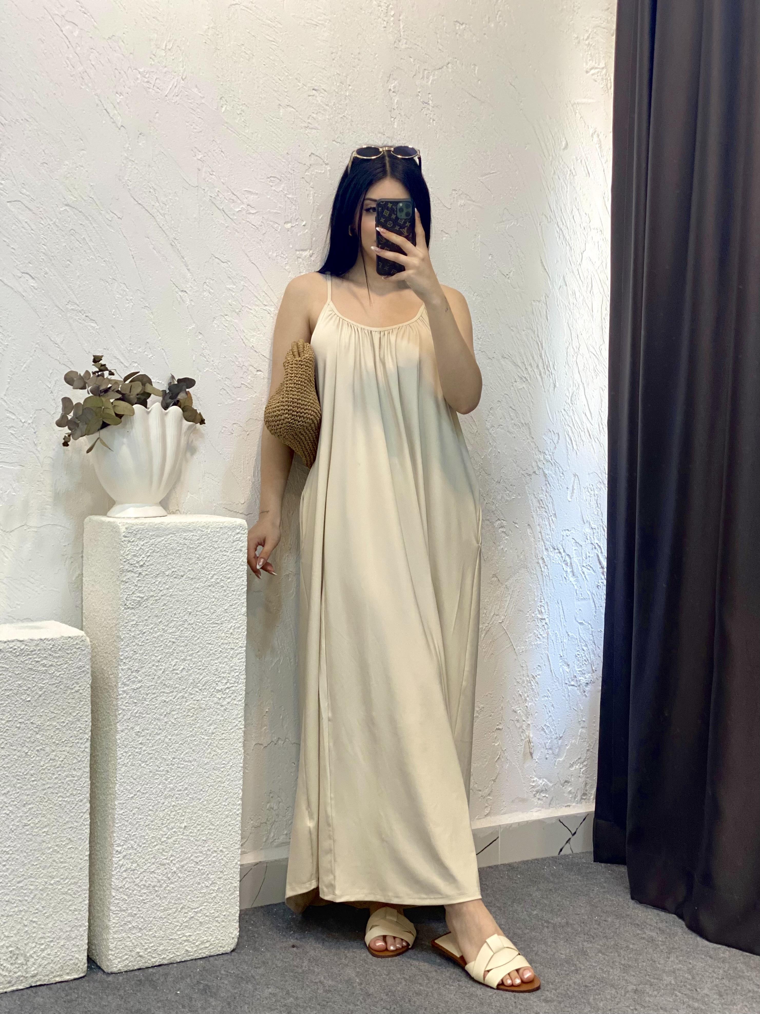 Bej İp Ayarlanabilir Askılı Modal Kumaş Elbise 