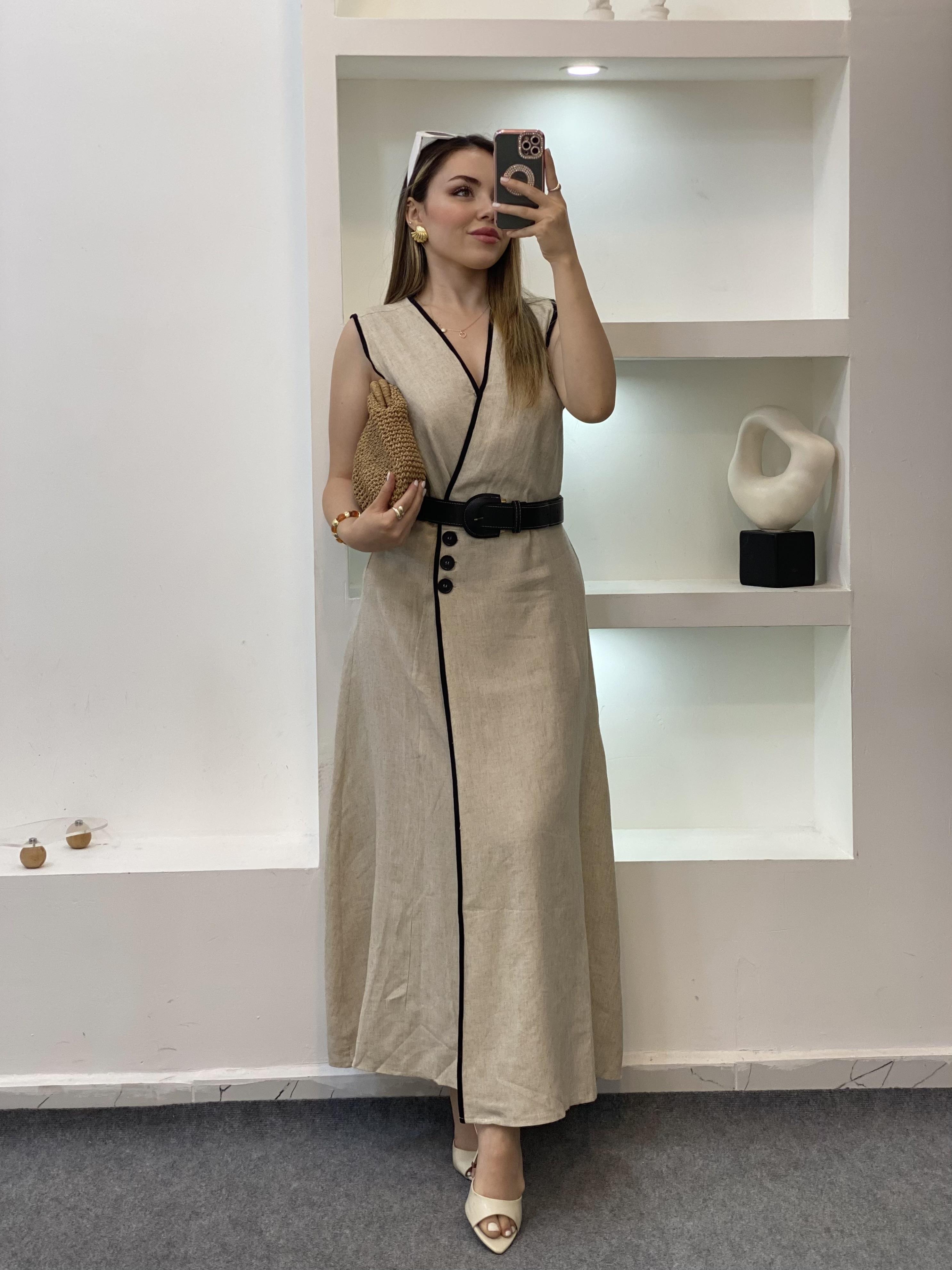 Bej Kemerli Model Keten Elbise