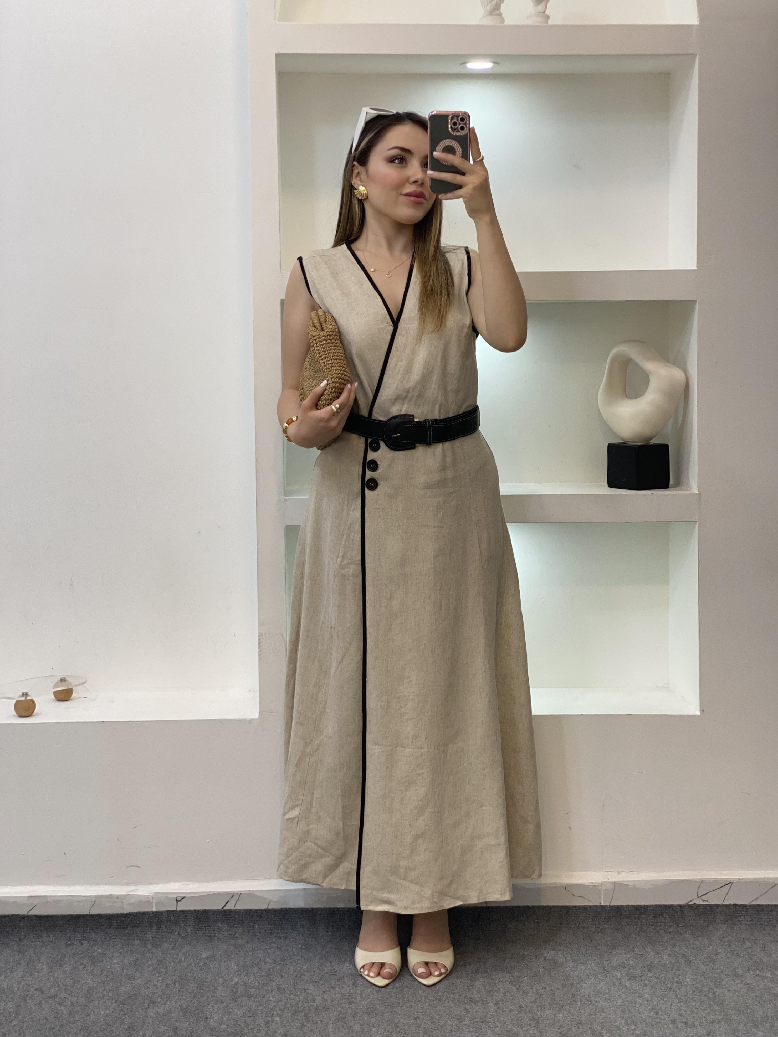 Bej Kemerli Model Keten Elbise