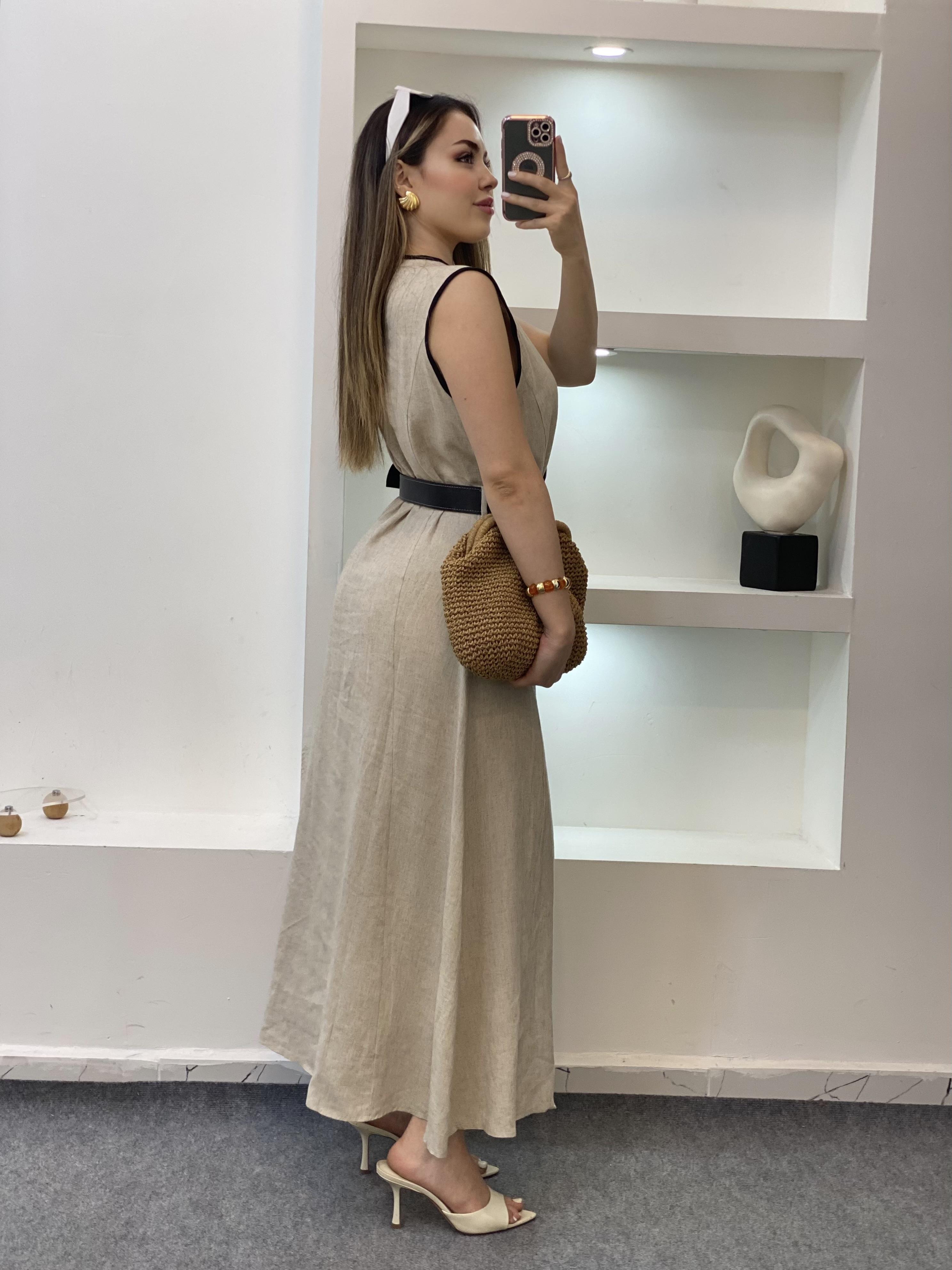 Bej Kemerli Model Keten Elbise