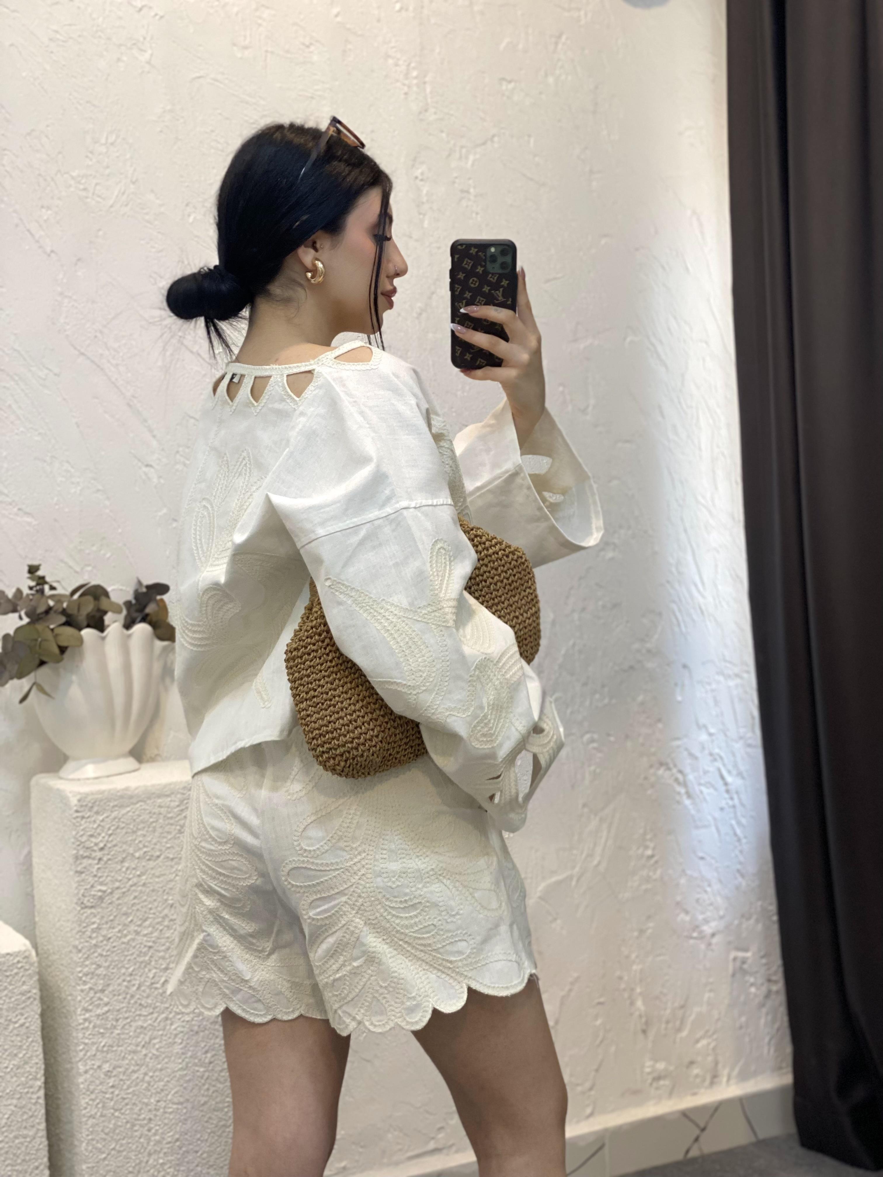 Bej Natural Keten Şortlu Takım