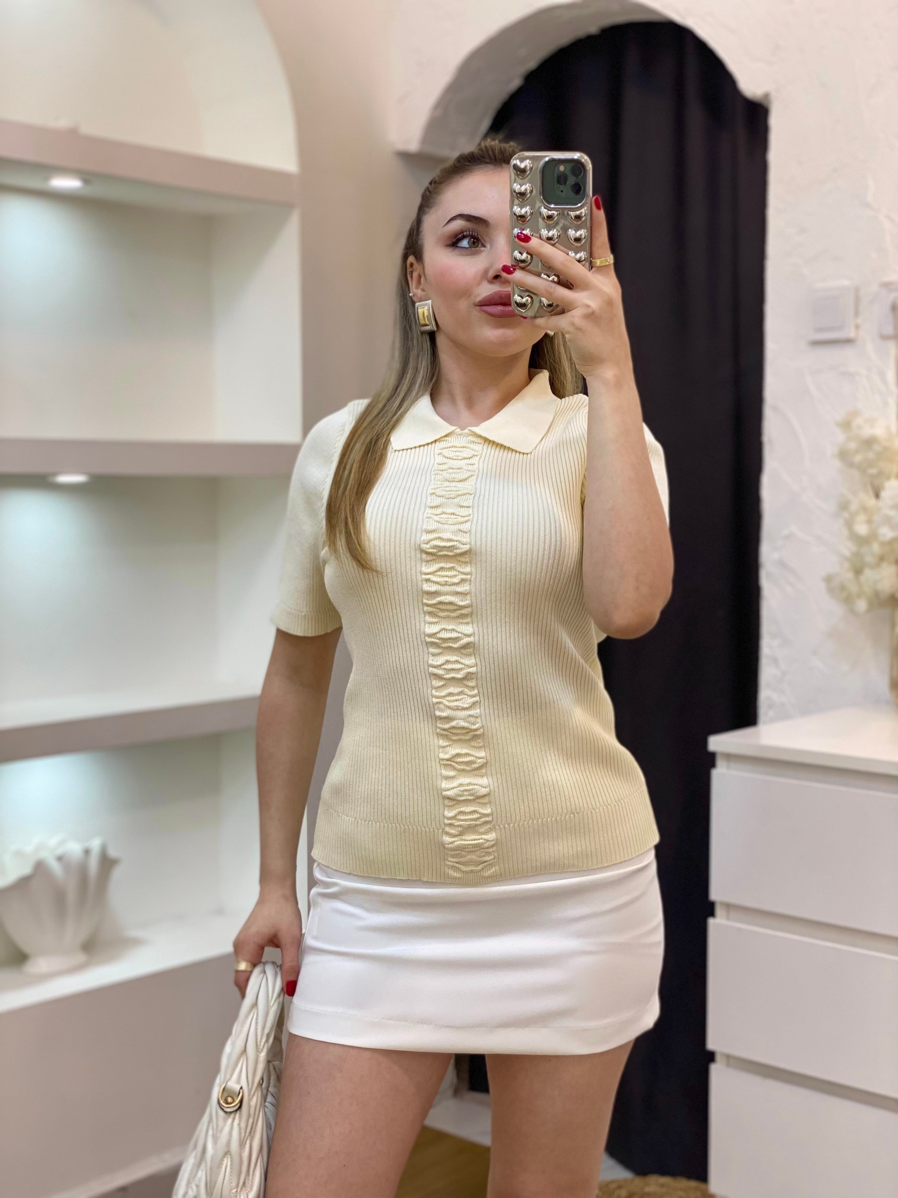 Bej Önü Desenli Elit Triko Bluz