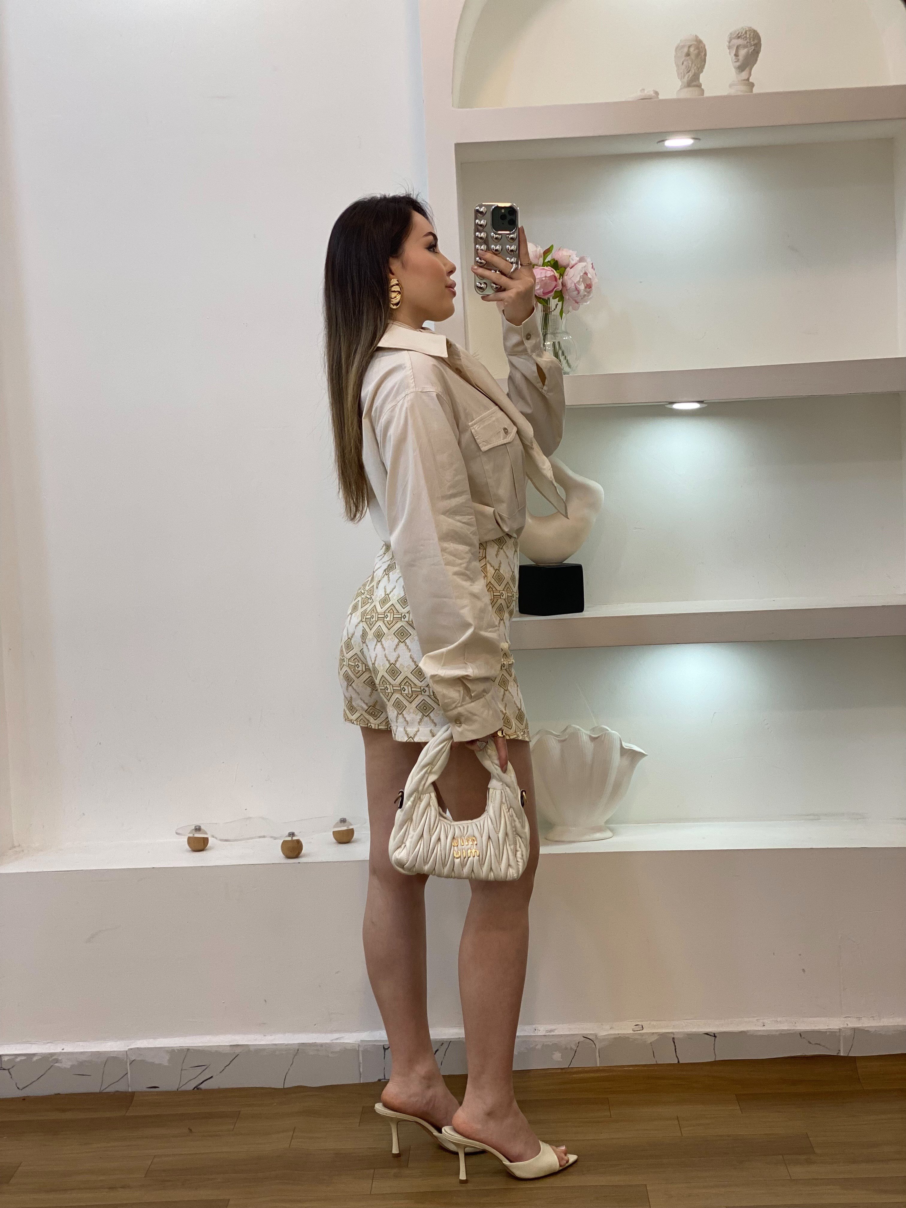 Bej Premium Kalite Fularlı Gömlek 