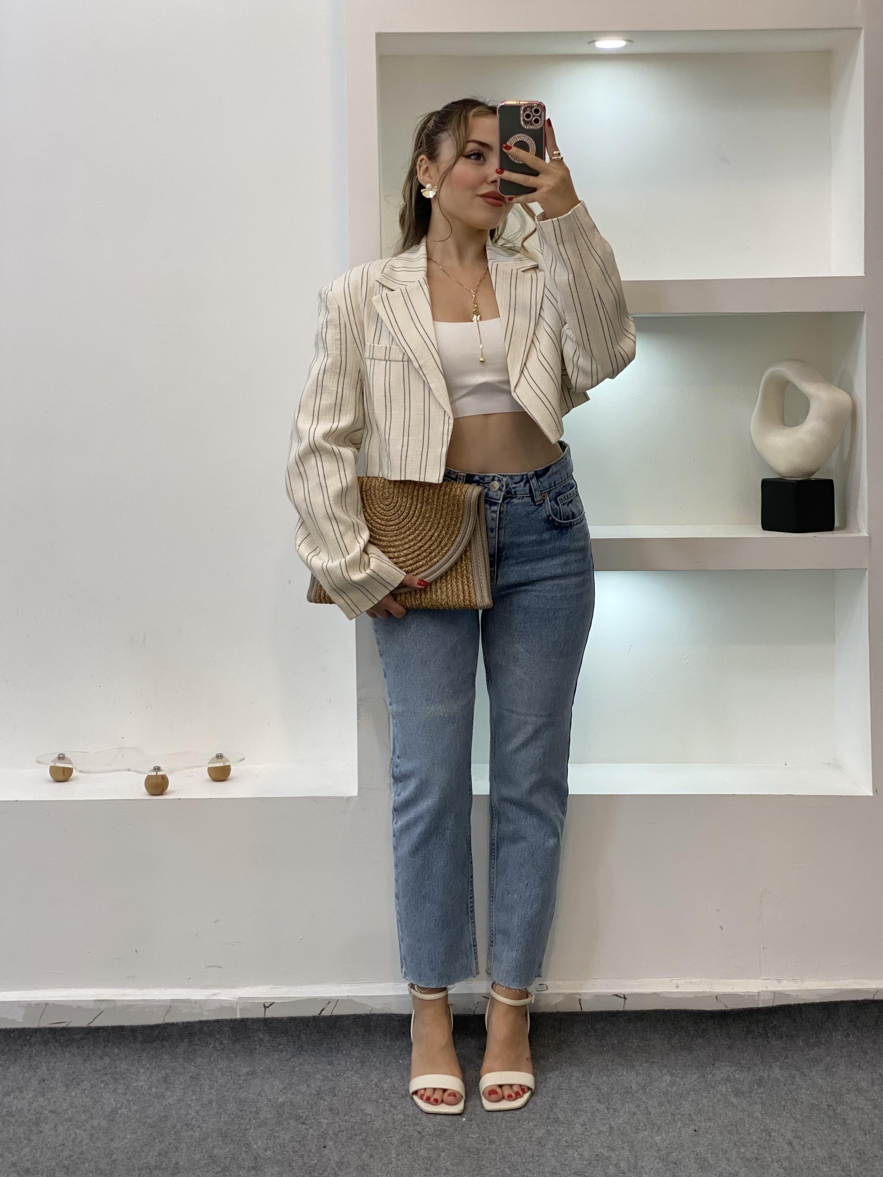 Bej Premium Seri Çizgili Model Vatkalı Ceket 