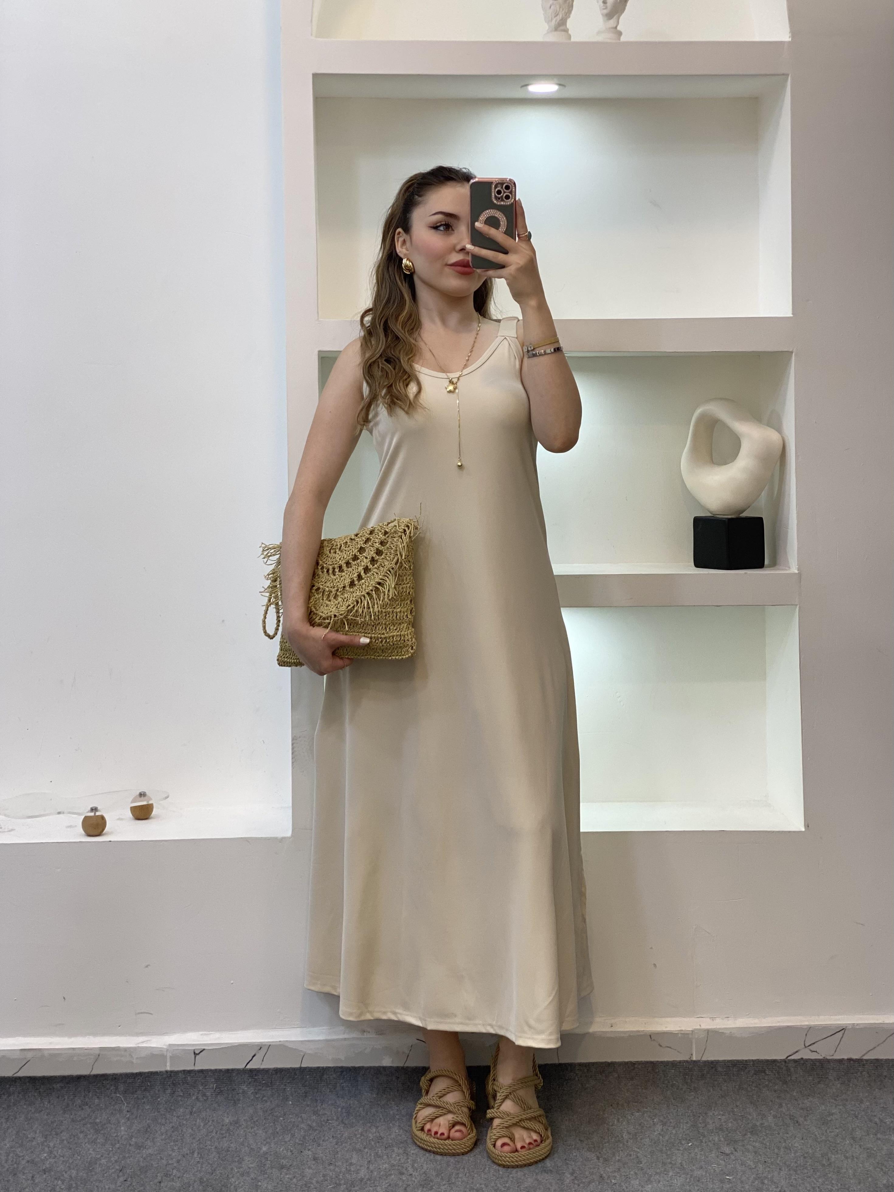 Bej Renk Modal Kumaş Likralı Elbise