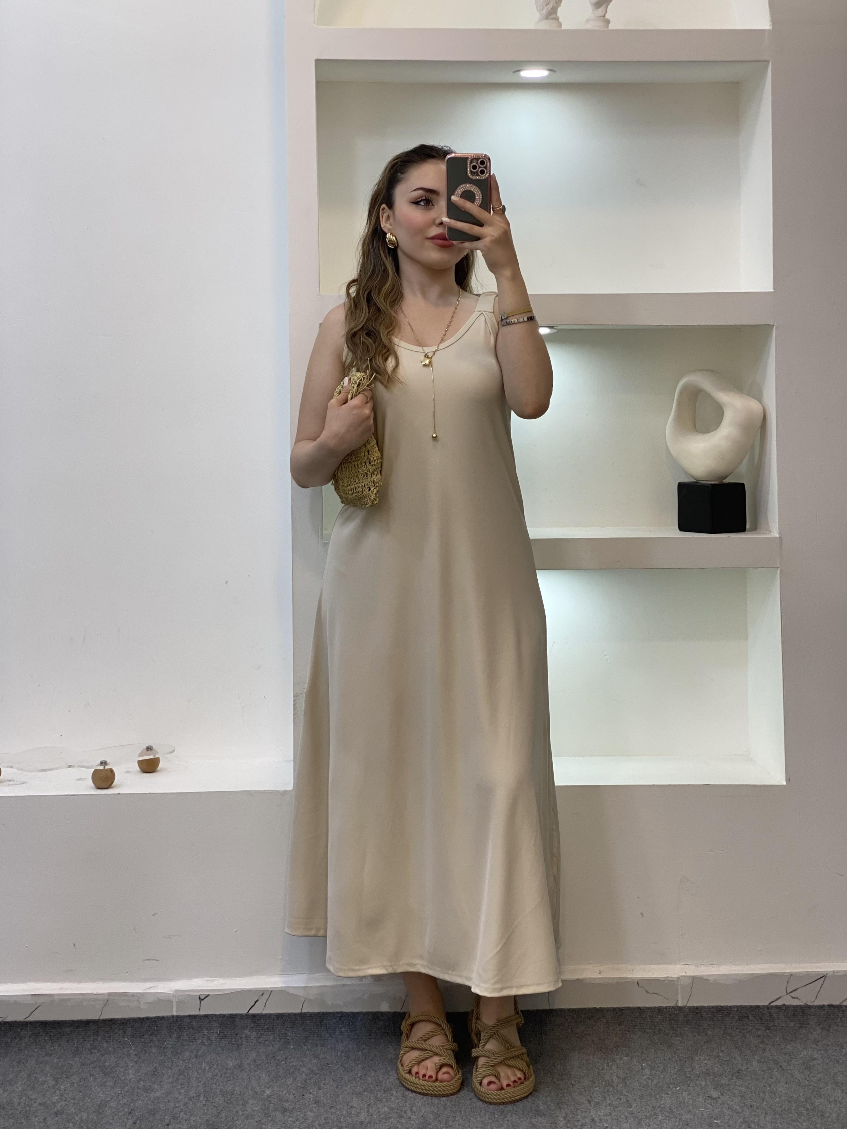 Bej Renk Modal Kumaş Likralı Elbise