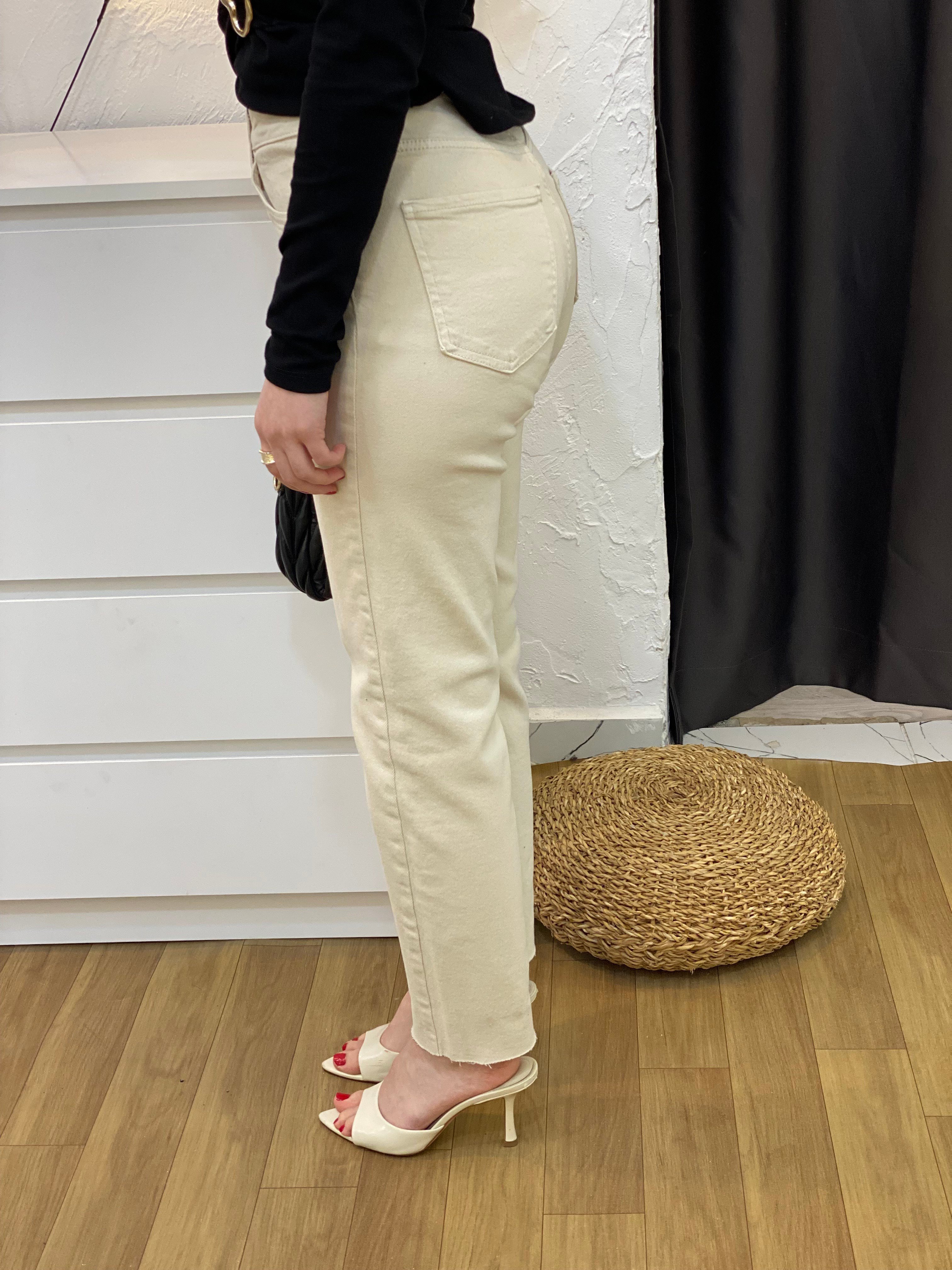 Bej Renk Yüksek Bel Boyfit Jean