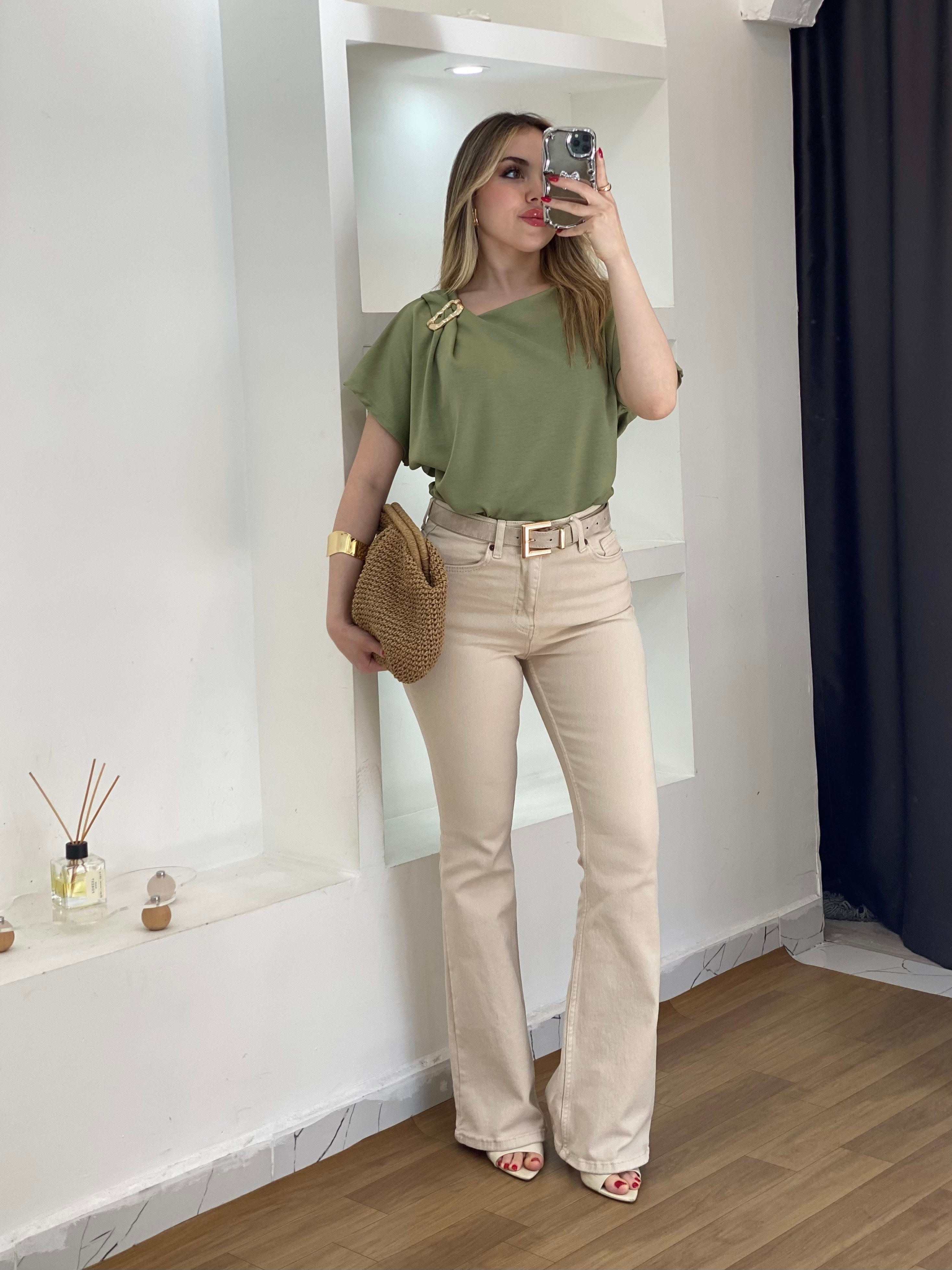 Bej Yüksek Bel İspanyol Jean