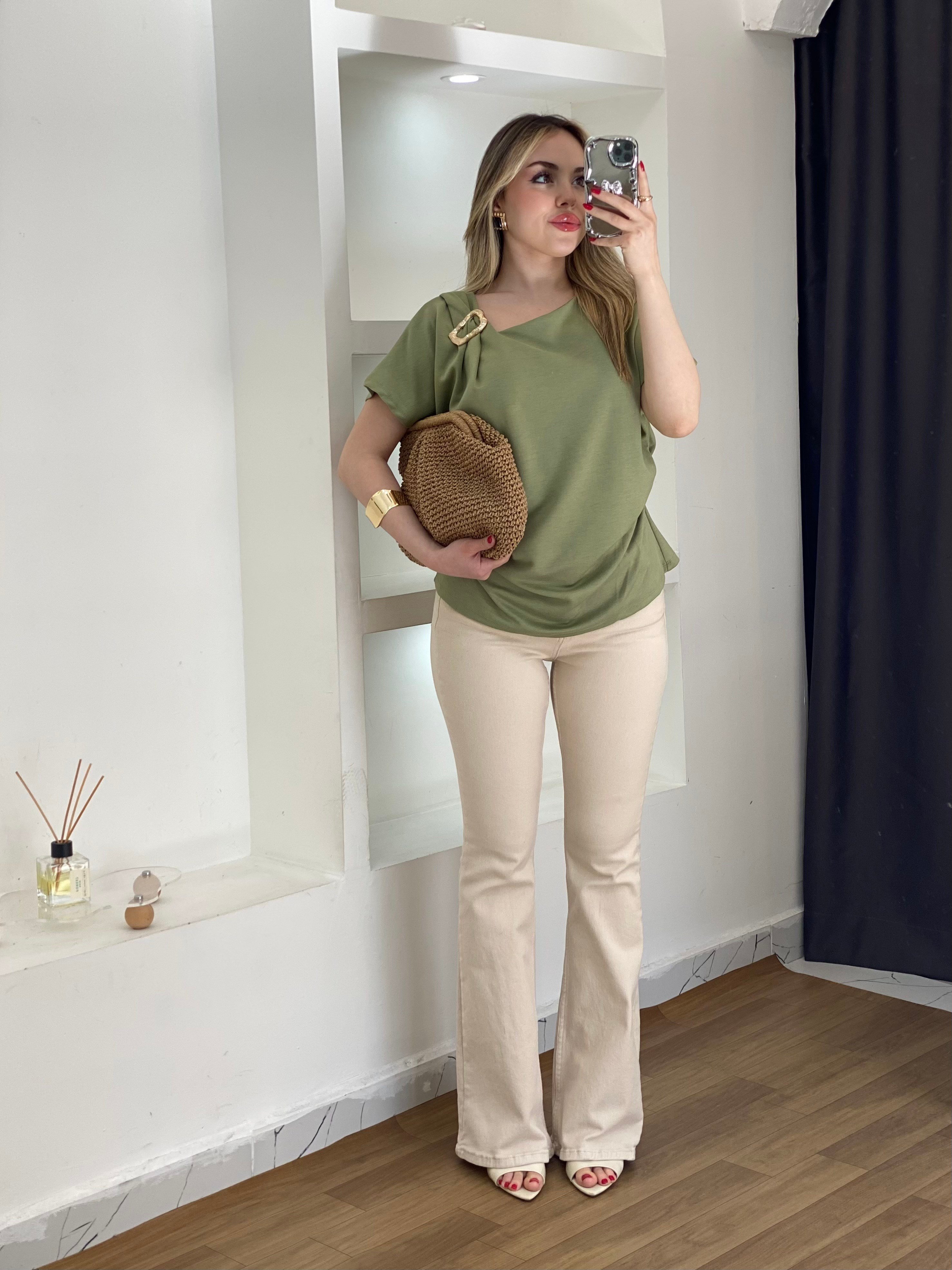 Bej Yüksek Bel İspanyol Jean