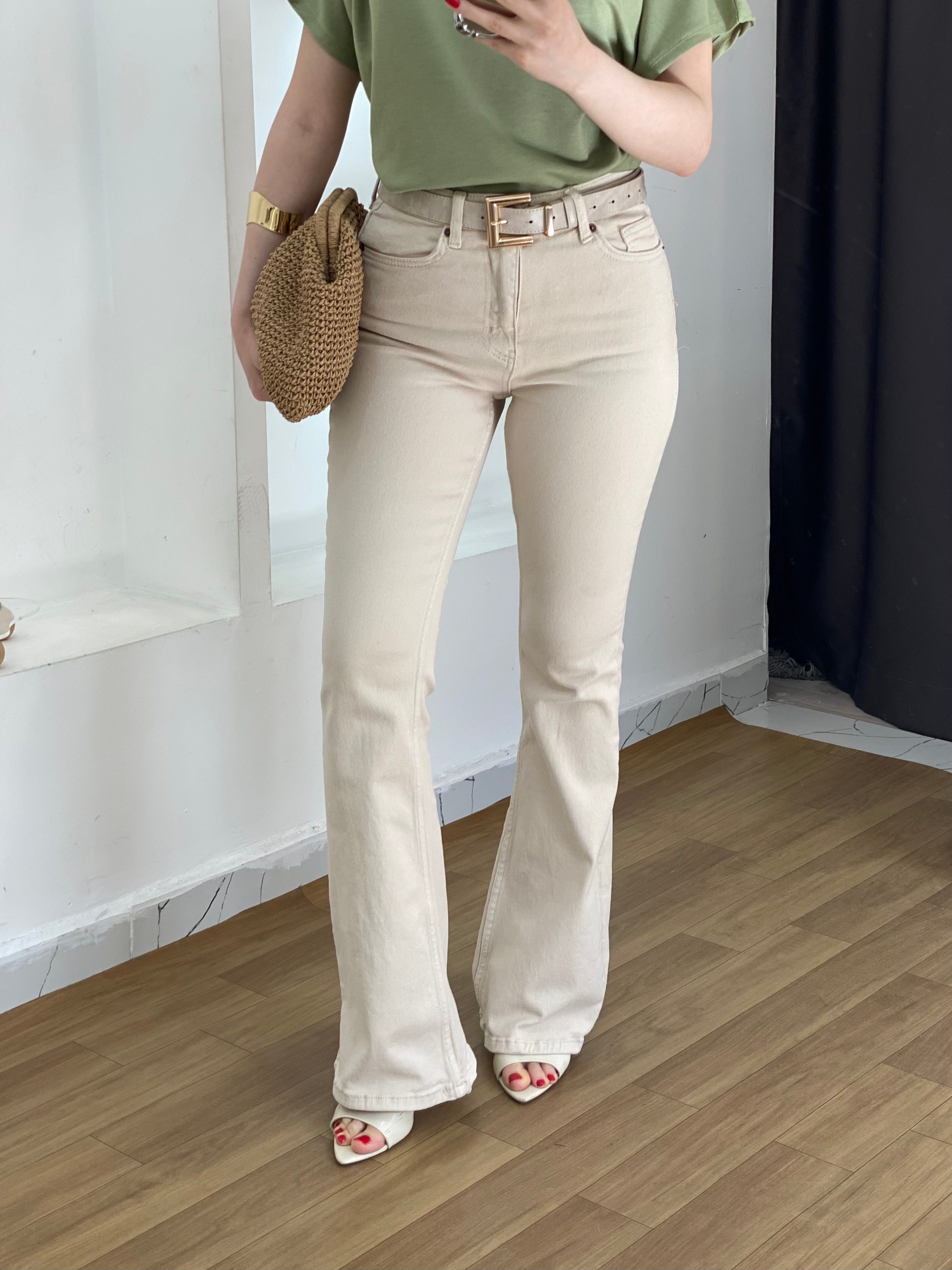 Bej Yüksek Bel İspanyol Jean