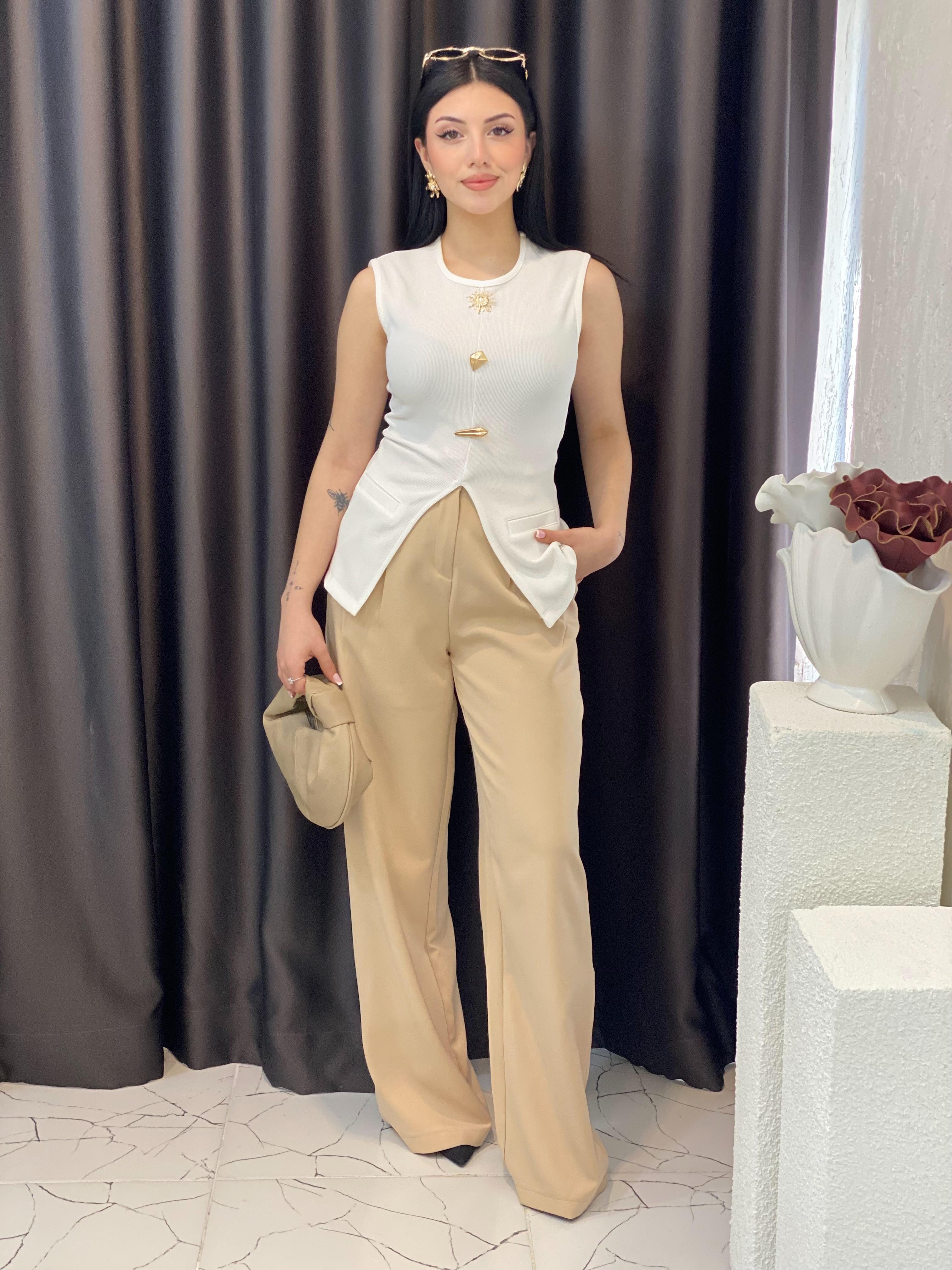 Bej Yüksek Bel Palazzo Pantolon 