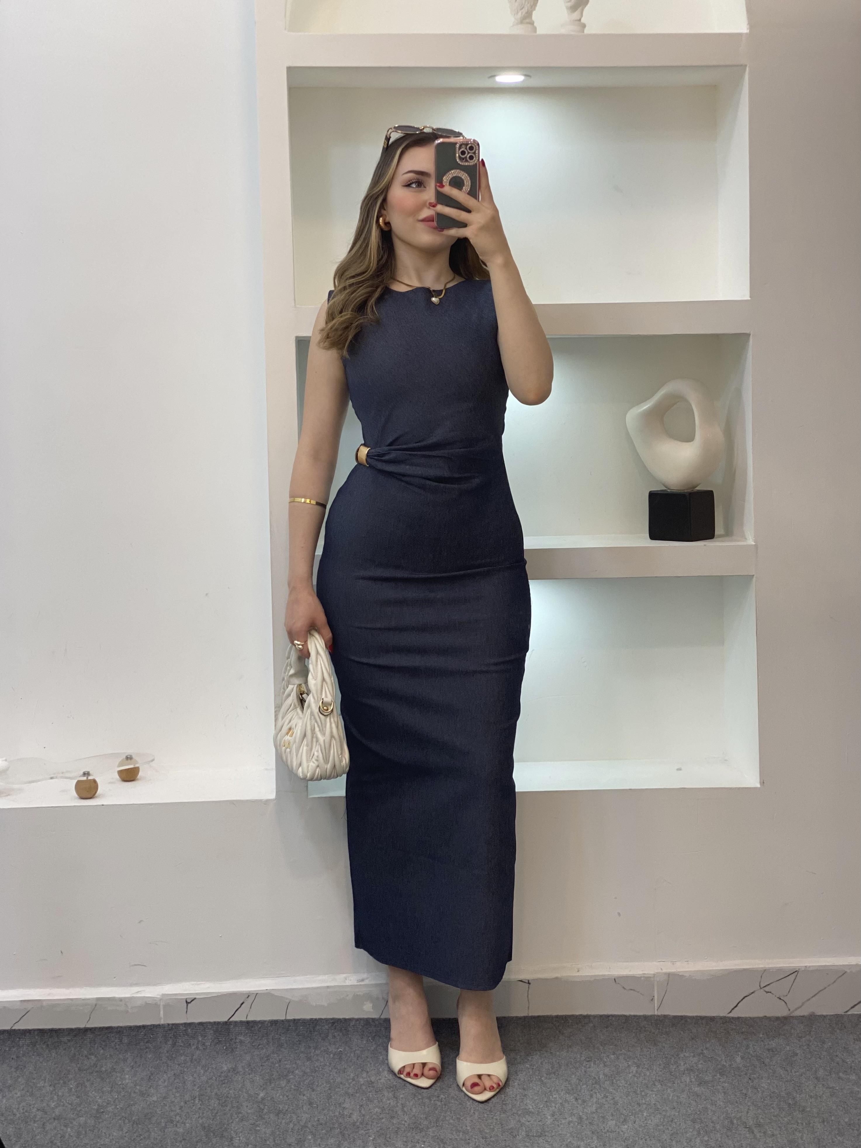Beli Gold Tokalı Model Likralı Jean Elbise