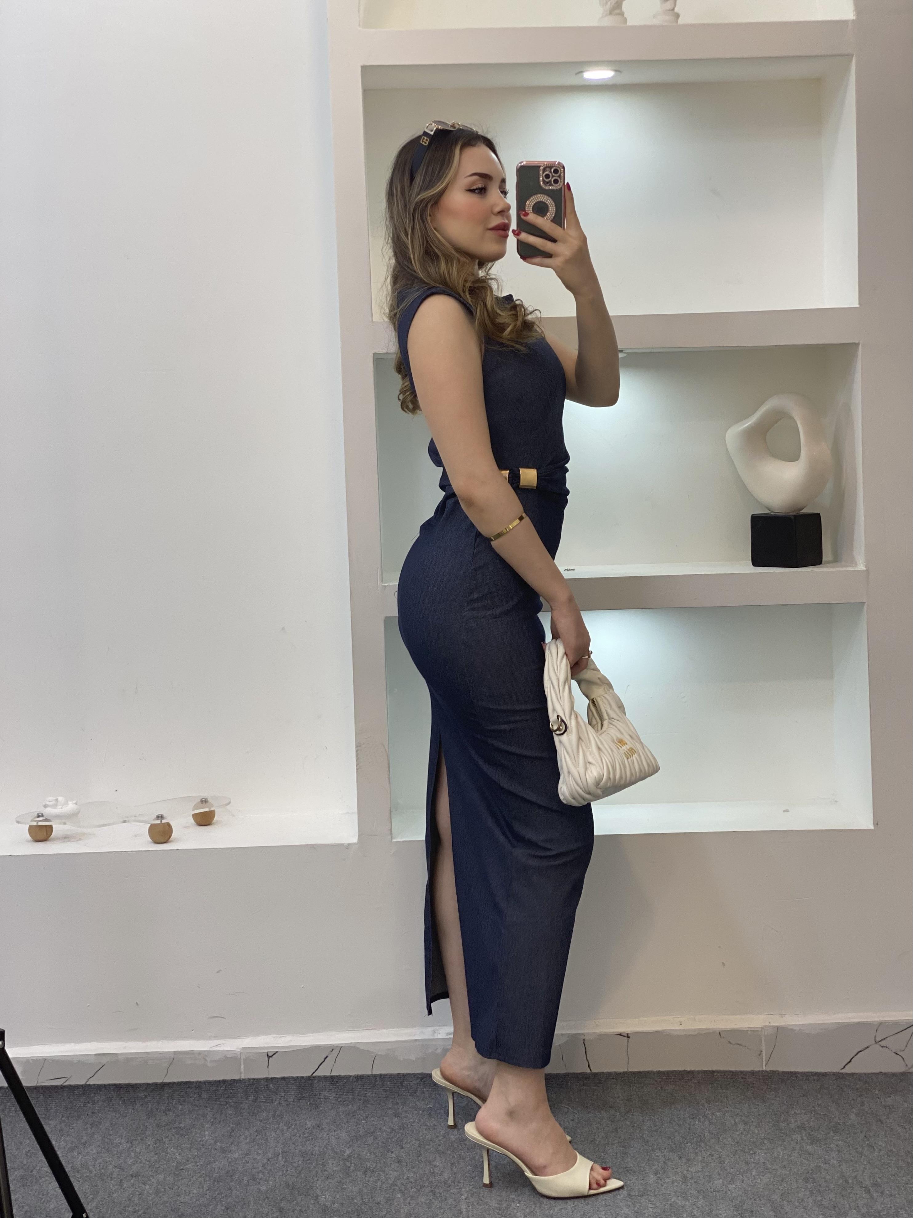 Beli Gold Tokalı Model Likralı Jean Elbise