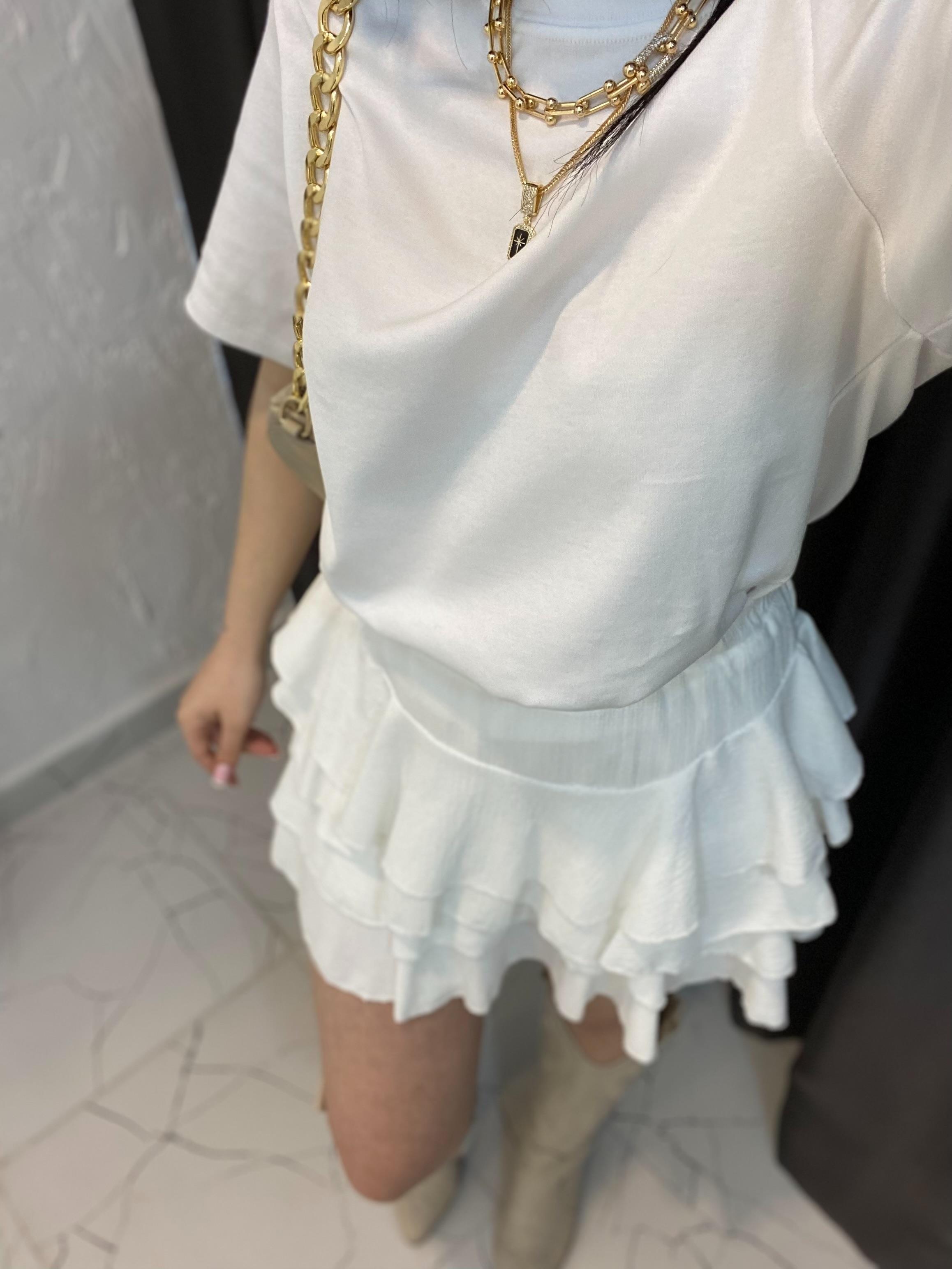Beyaz Beli Lastikli Volanlı Model Etek