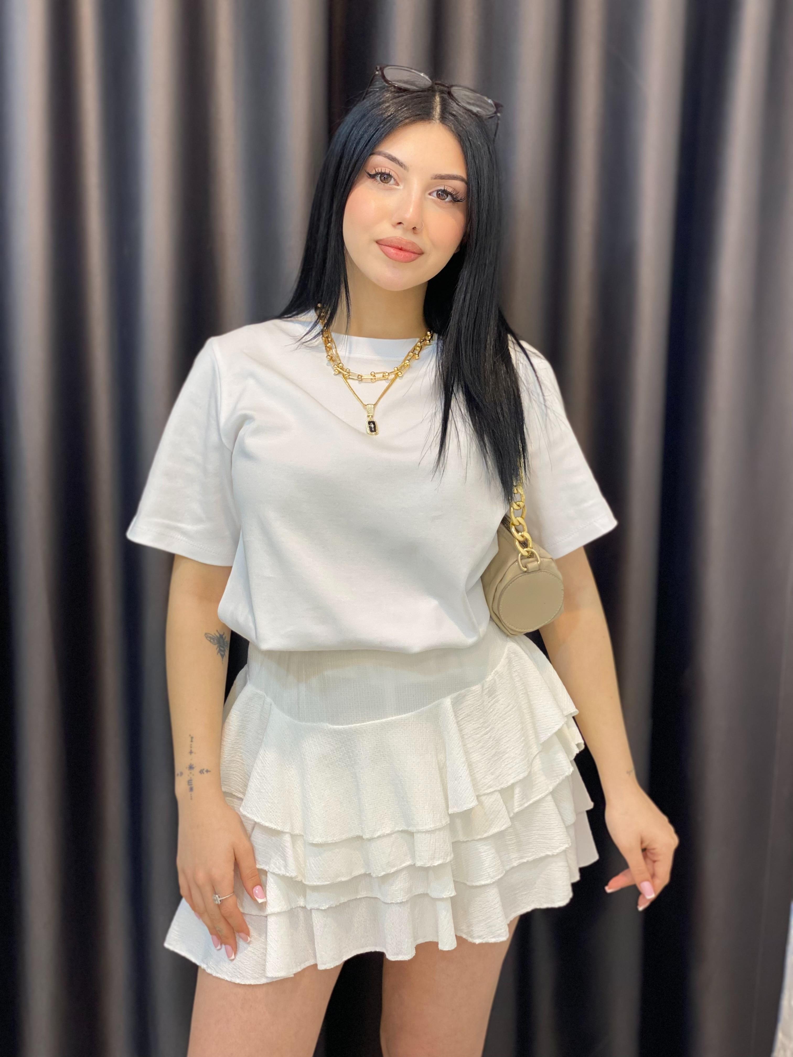 Beyaz Beli Lastikli Volanlı Model Etek