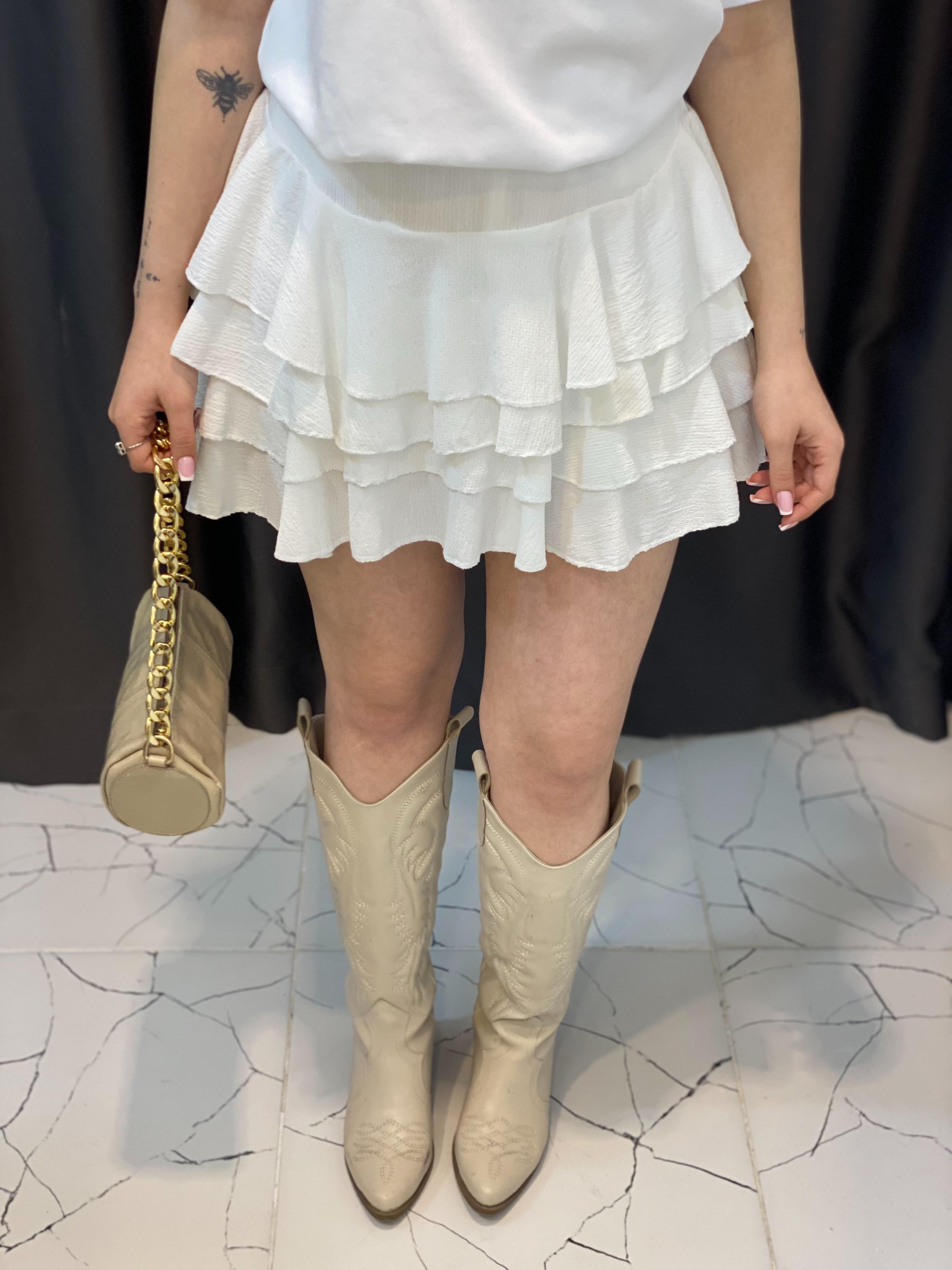 Beyaz Beli Lastikli Volanlı Model Etek