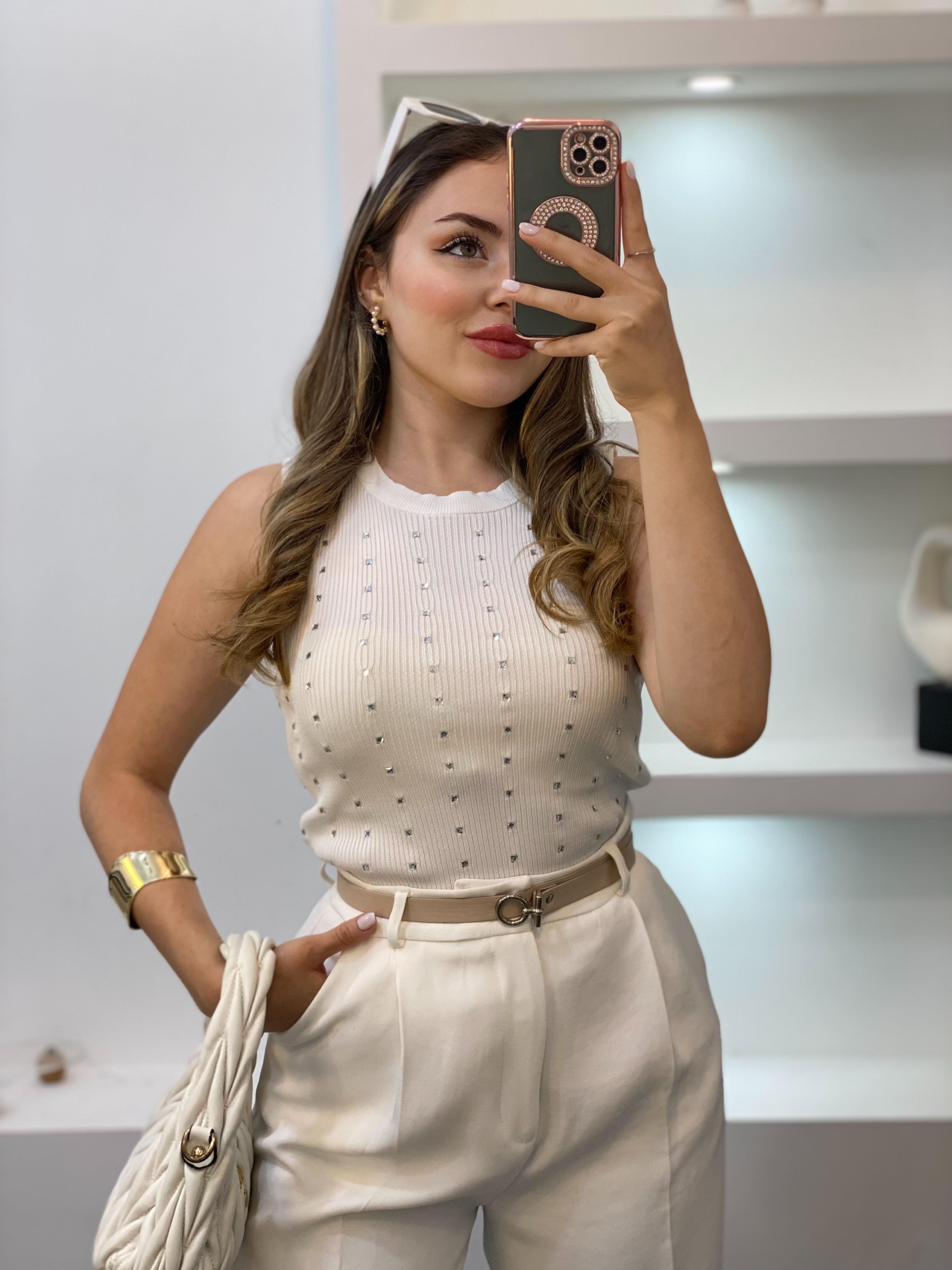 Beyaz Damla Taşlı Triko Bluz