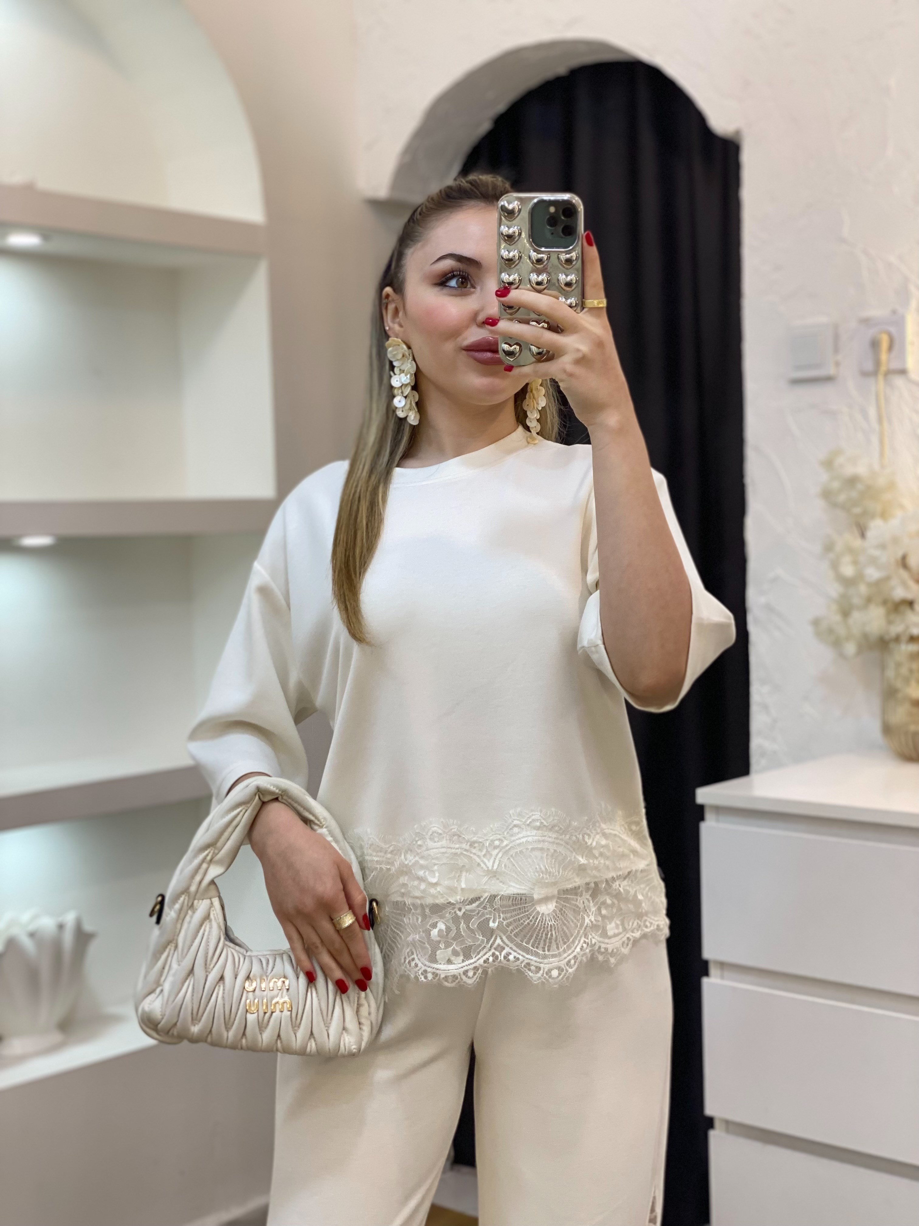 Beyaz Dantel Detaylı Modal Takım