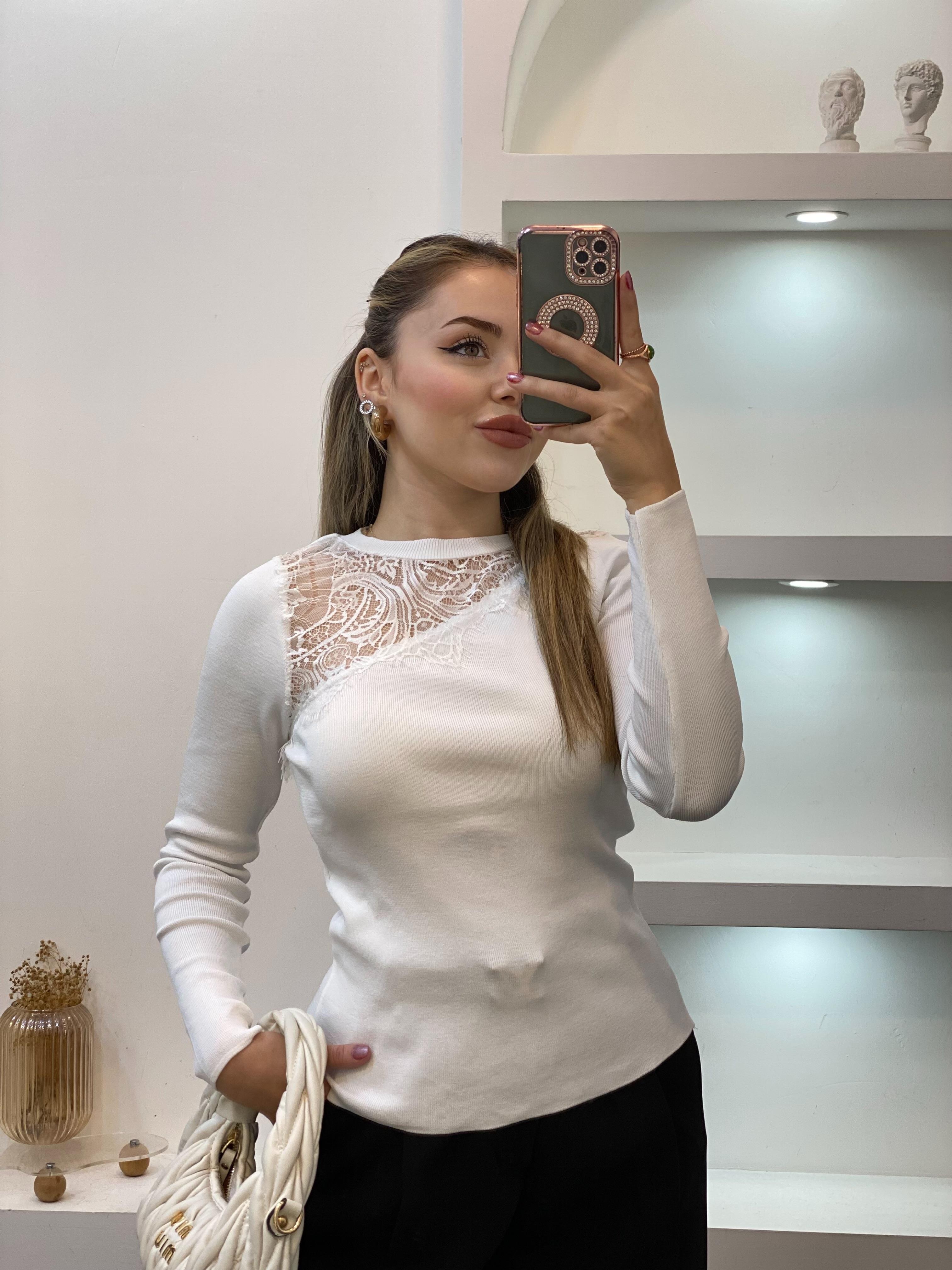 Beyaz Dantel Detaylı Triko Bluz