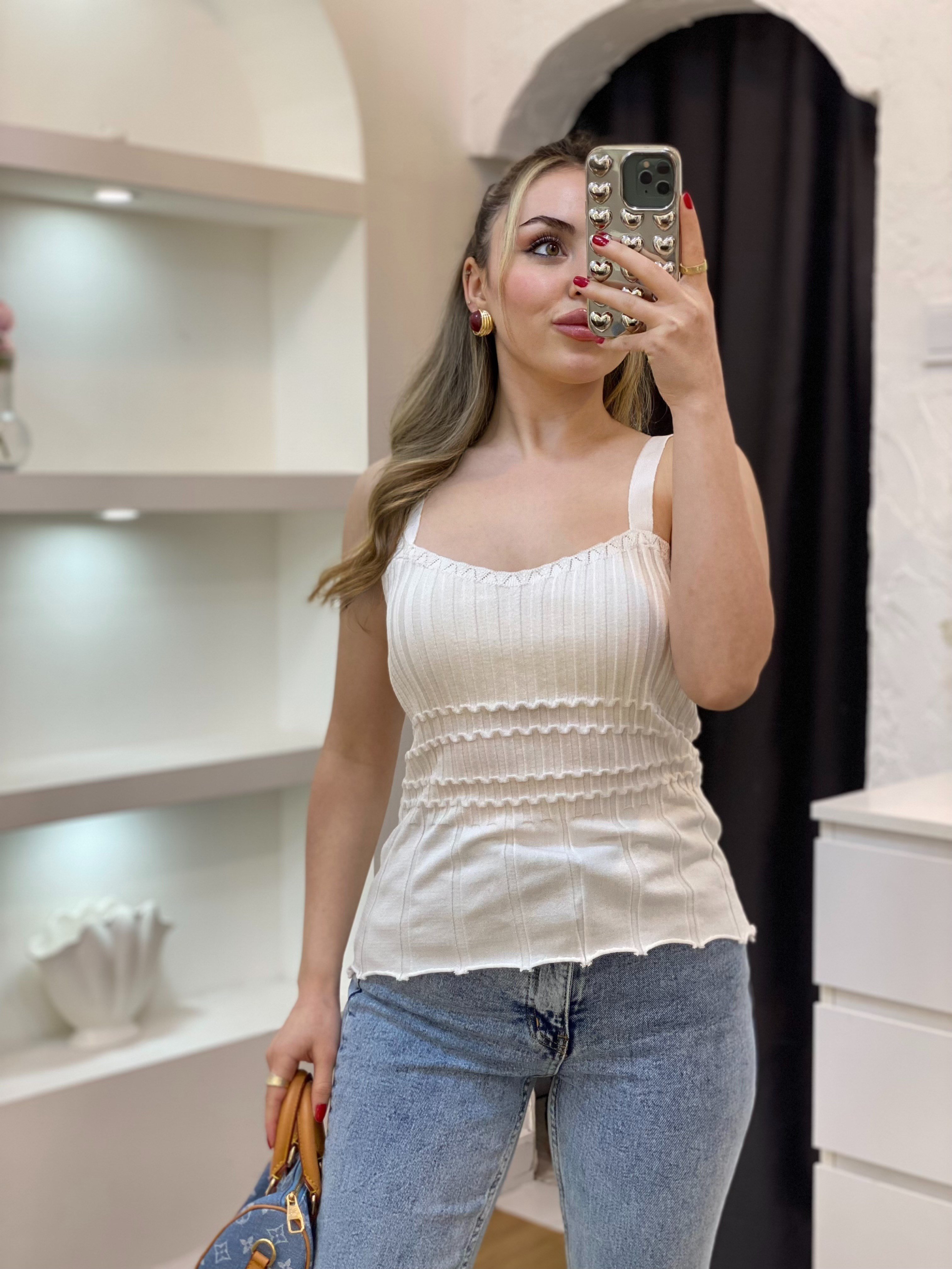 Beyaz Desenli Askılı Triko Bluz