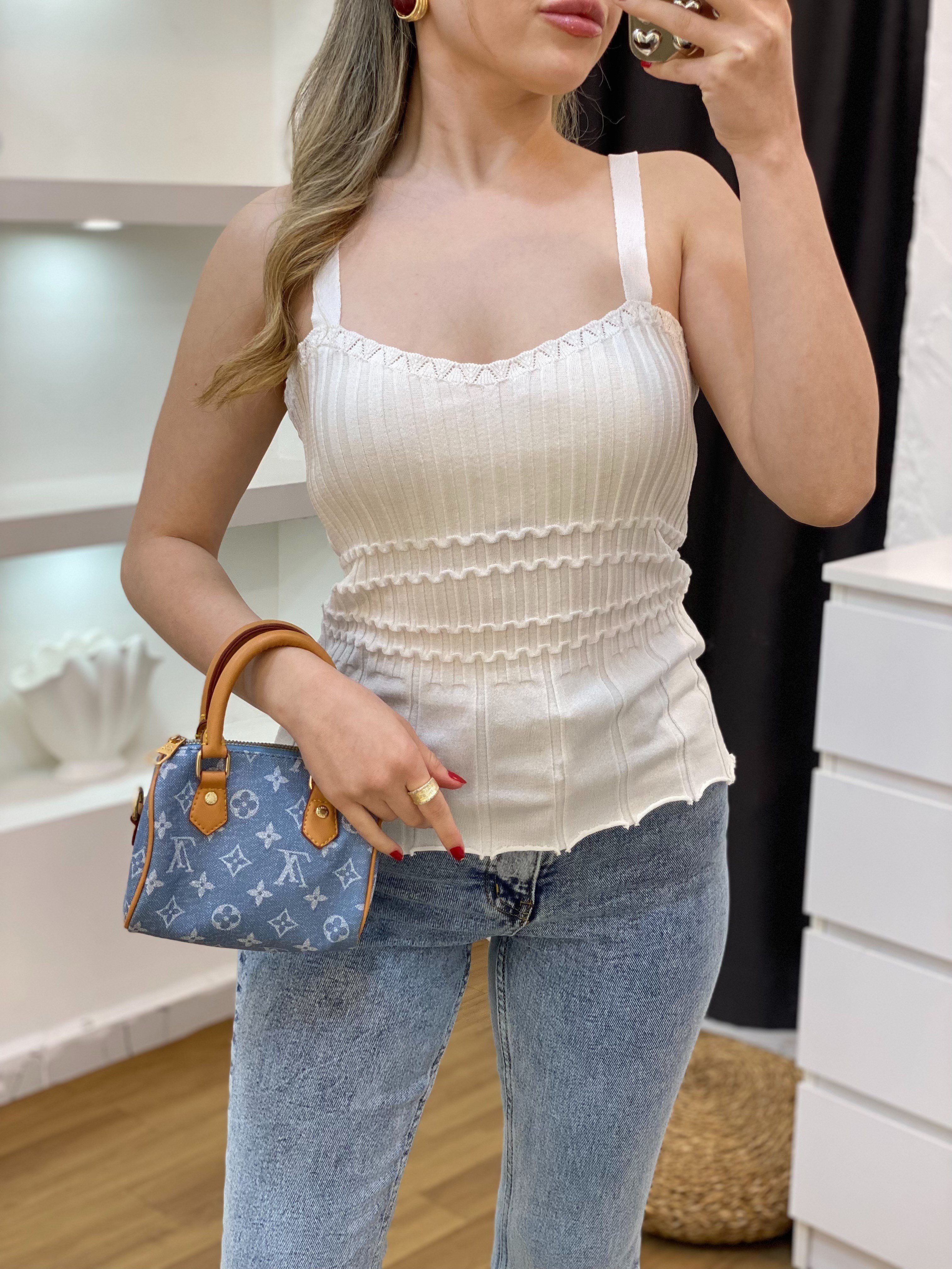 Beyaz Desenli Askılı Triko Bluz