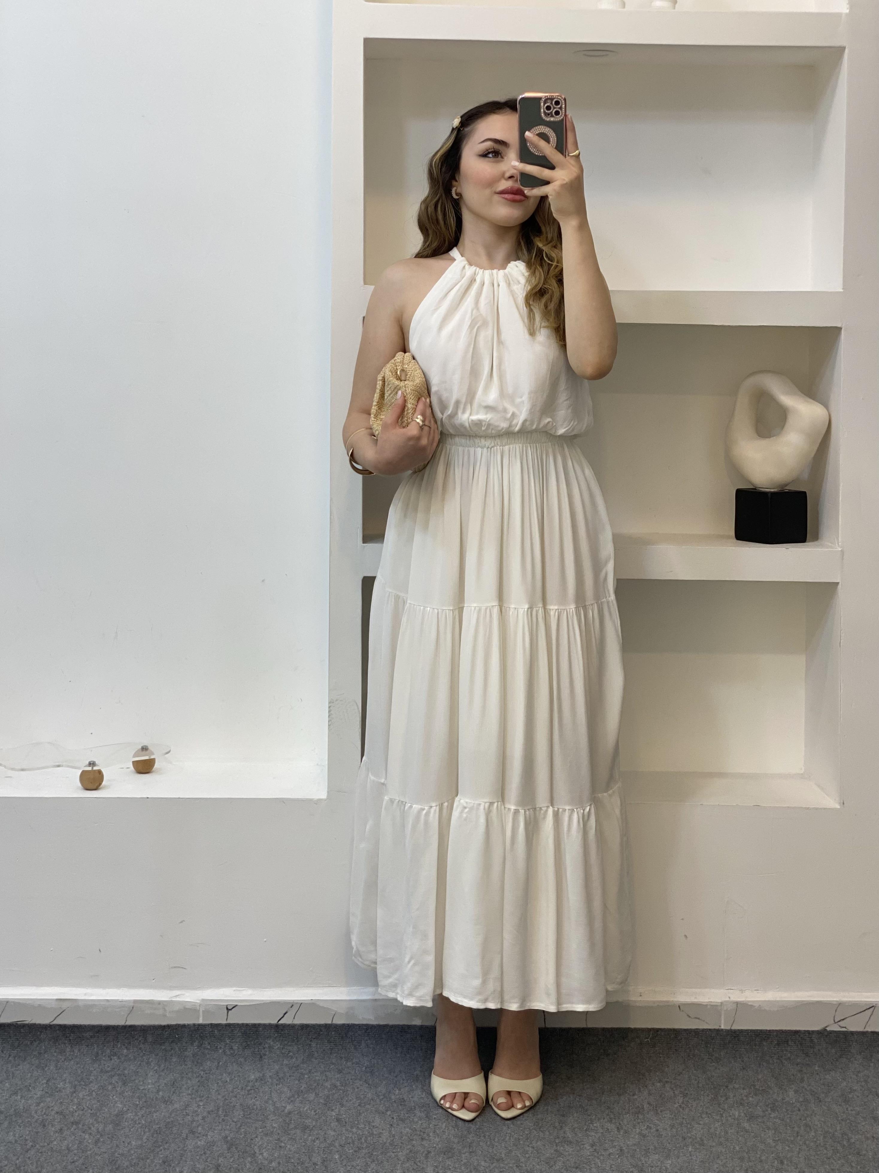 Beyaz Halter Yaka Beli Lastikli Maroken Kumaş Elbise