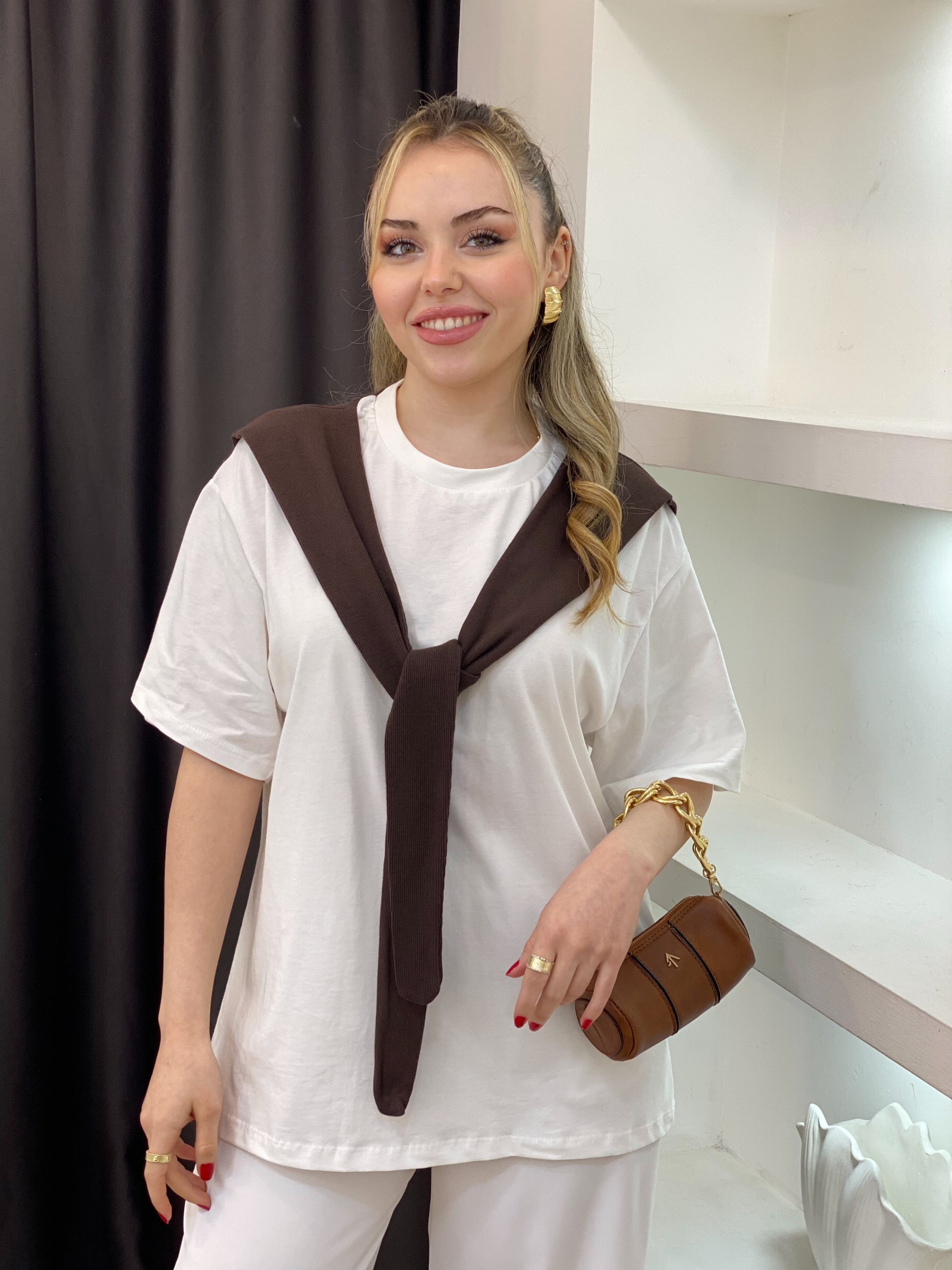 Beyaz Kahve Şal Detaylı Pamuklu Tshirt 