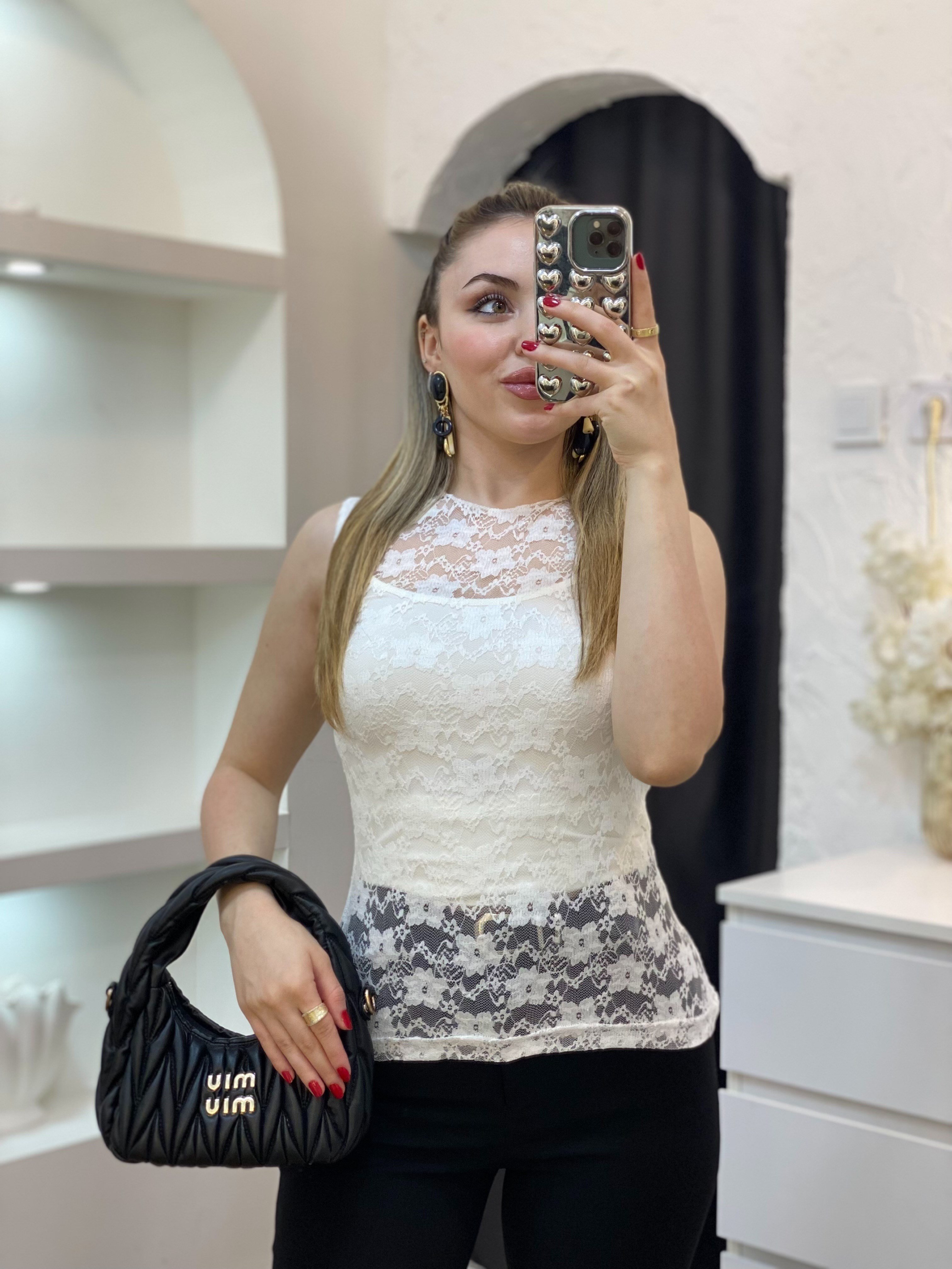 Beyaz Kolsuz Dantel Bluz