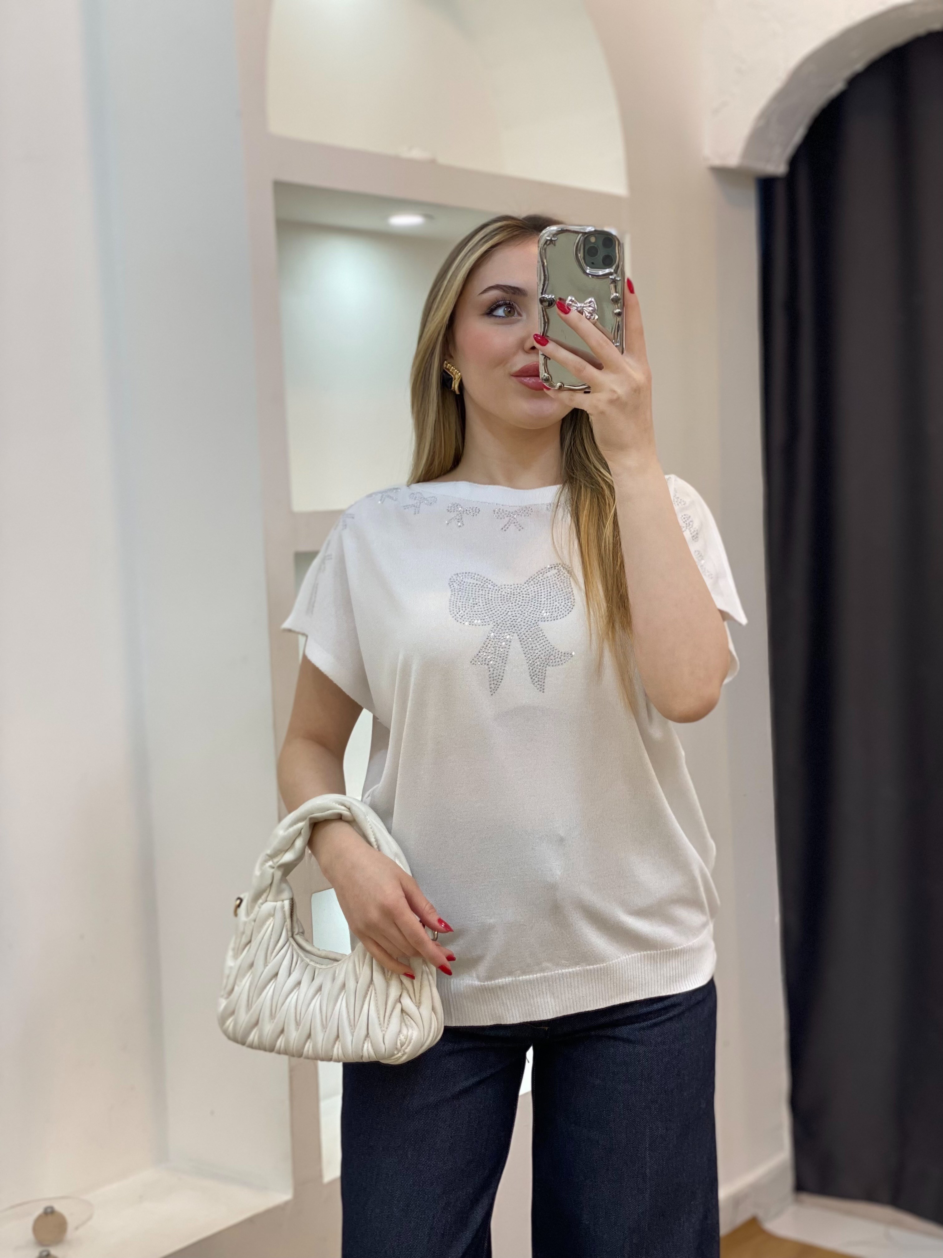 Beyaz Parıltılı Taşlı Merserize Triko Bluz
