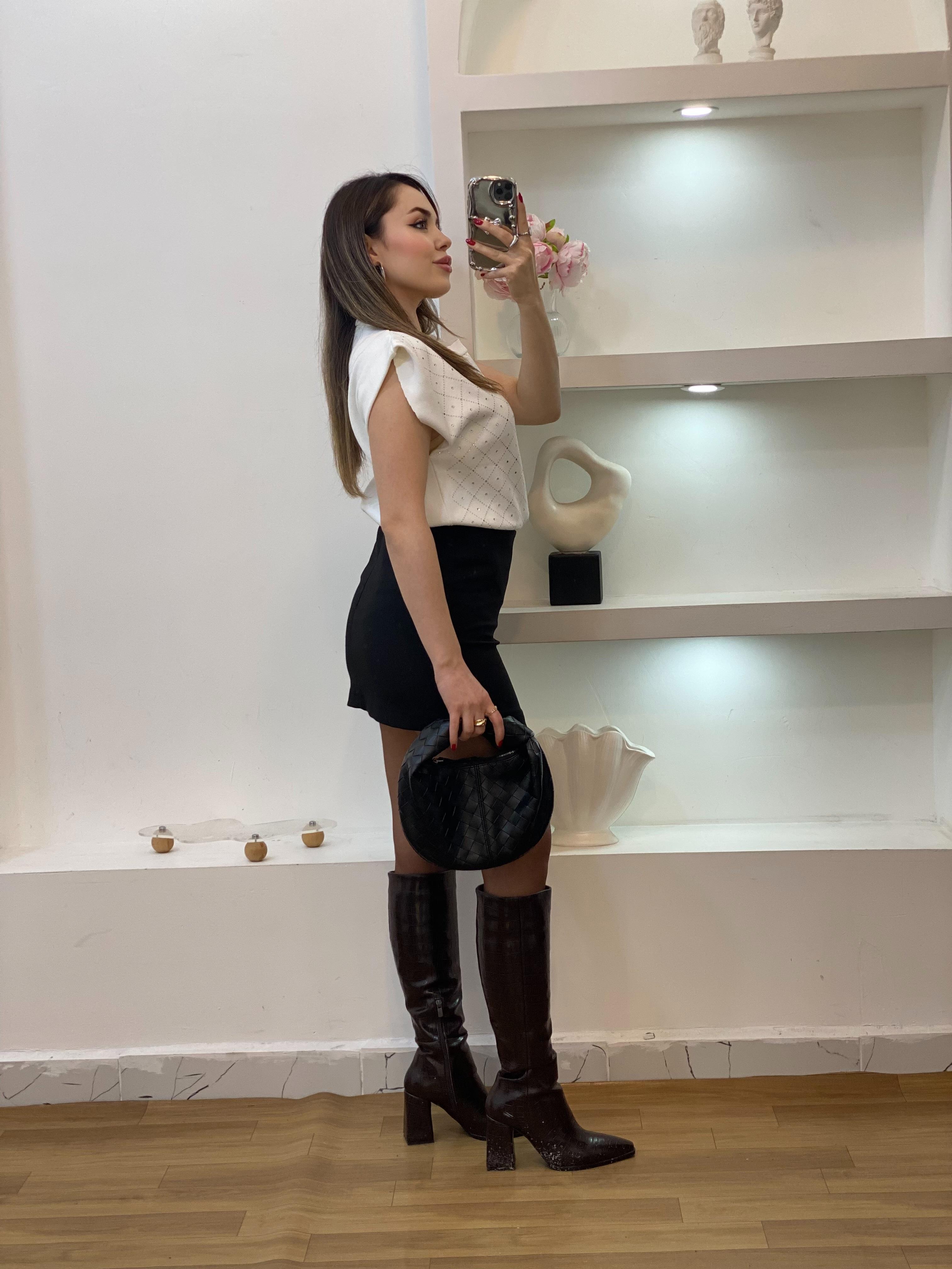 Beyaz Parıltılı Taşlı Triko Bluz