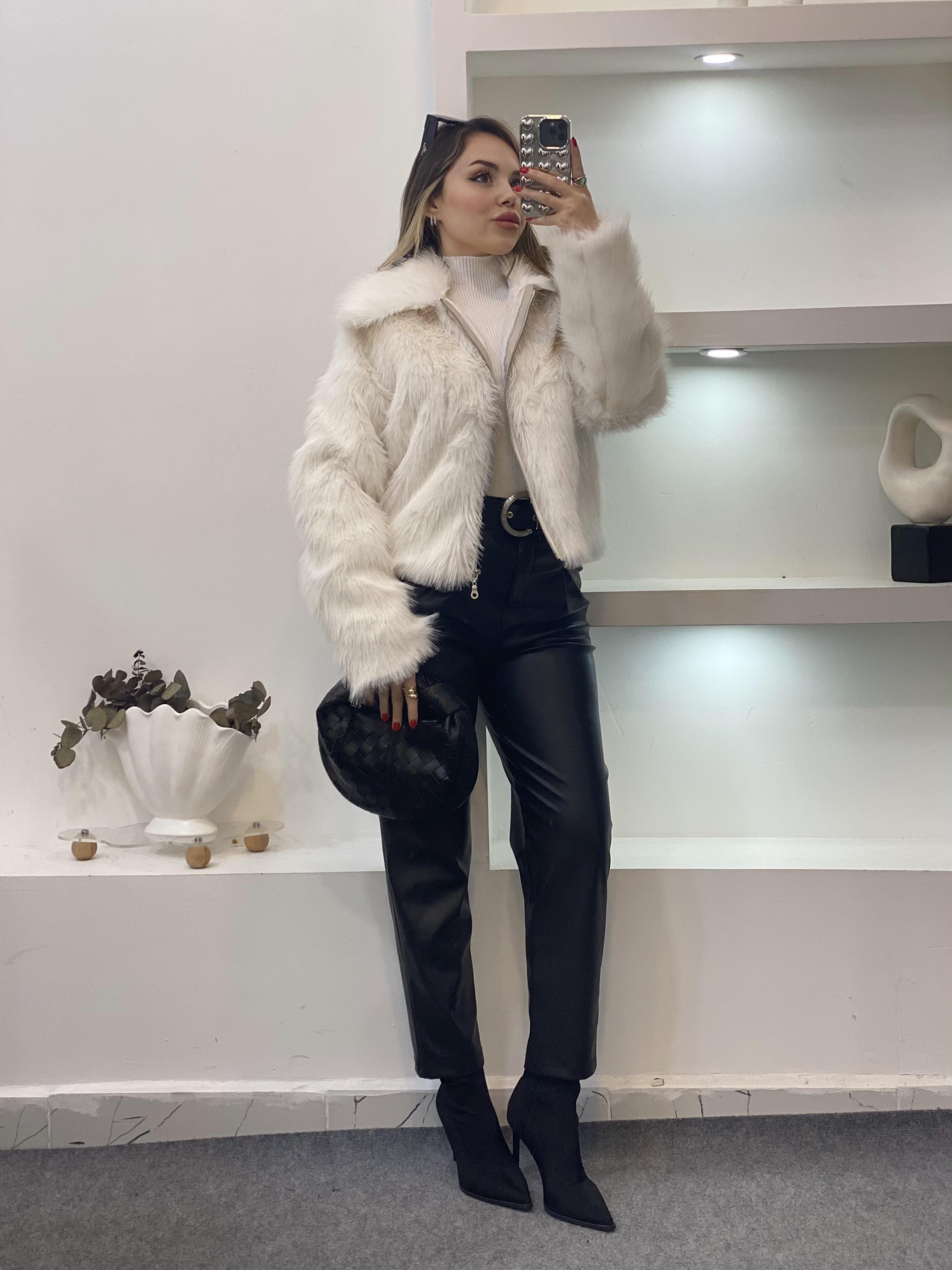Beyaz Premium Fermuarlı Kürk
