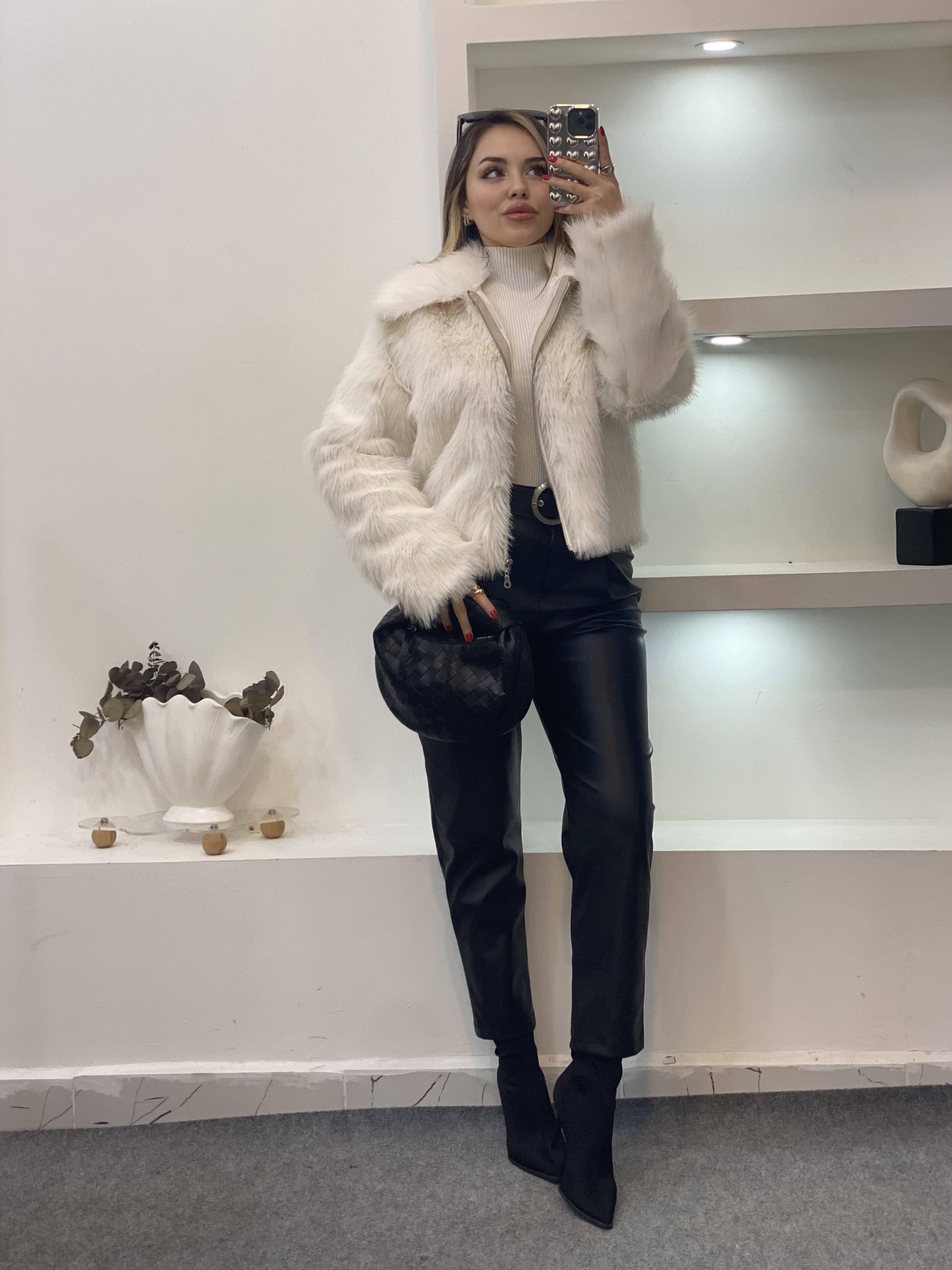 Beyaz Premium Fermuarlı Kürk