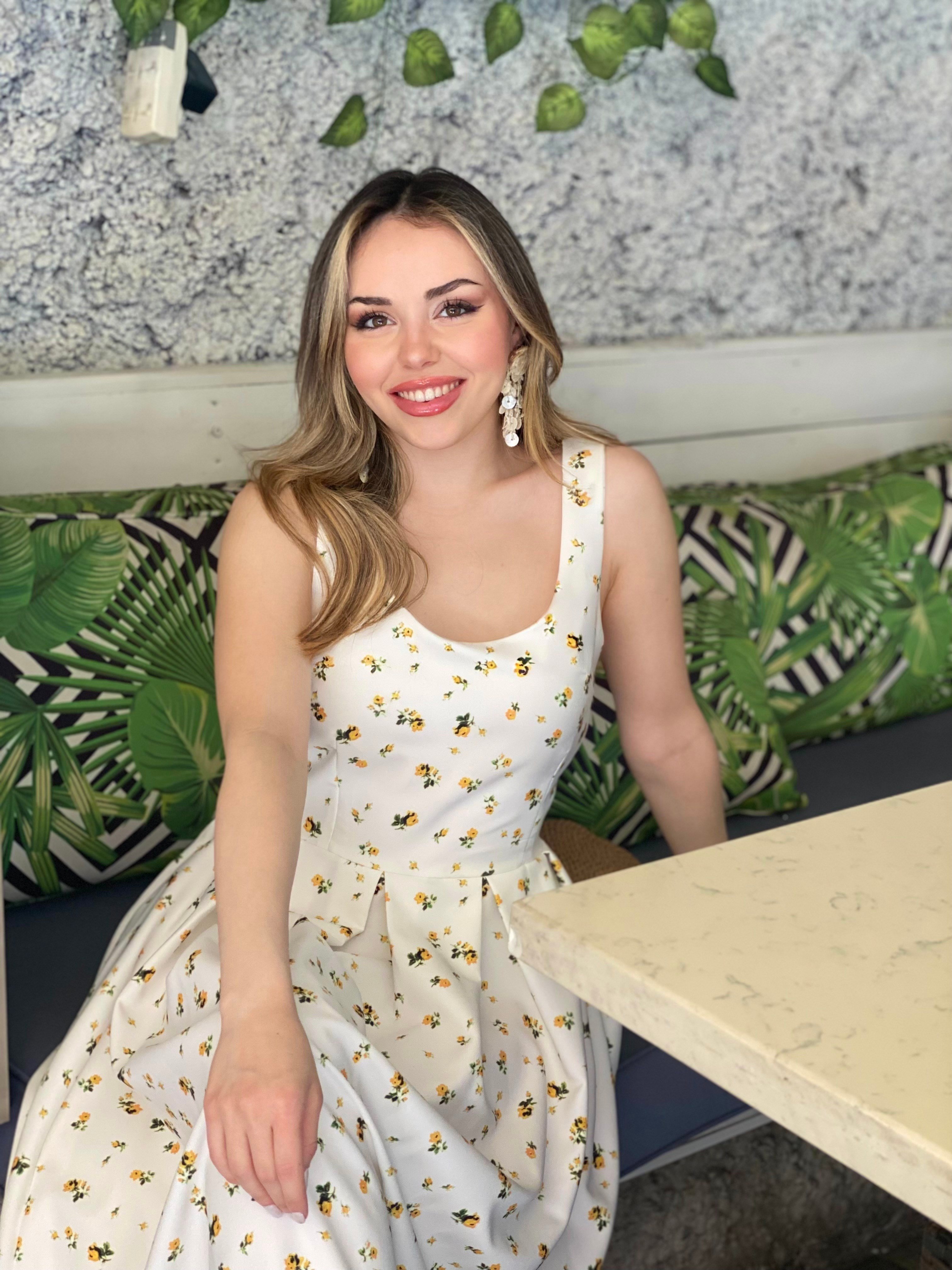 Beyaz Üzerine Sarı Mini Çiçek Desenli Scuba Elbise