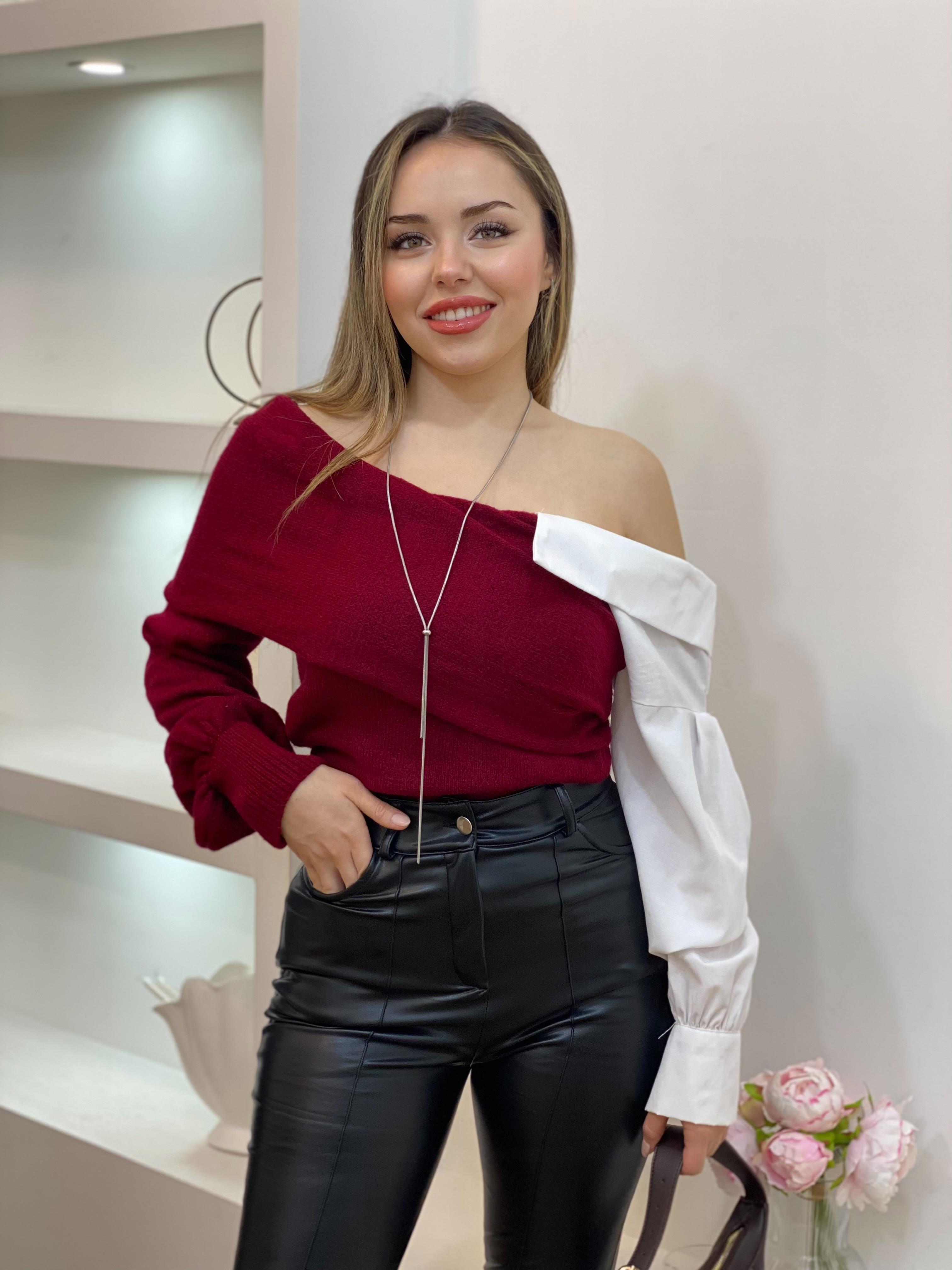 Bordo Asimetrik Poplin Yaka Kazak
