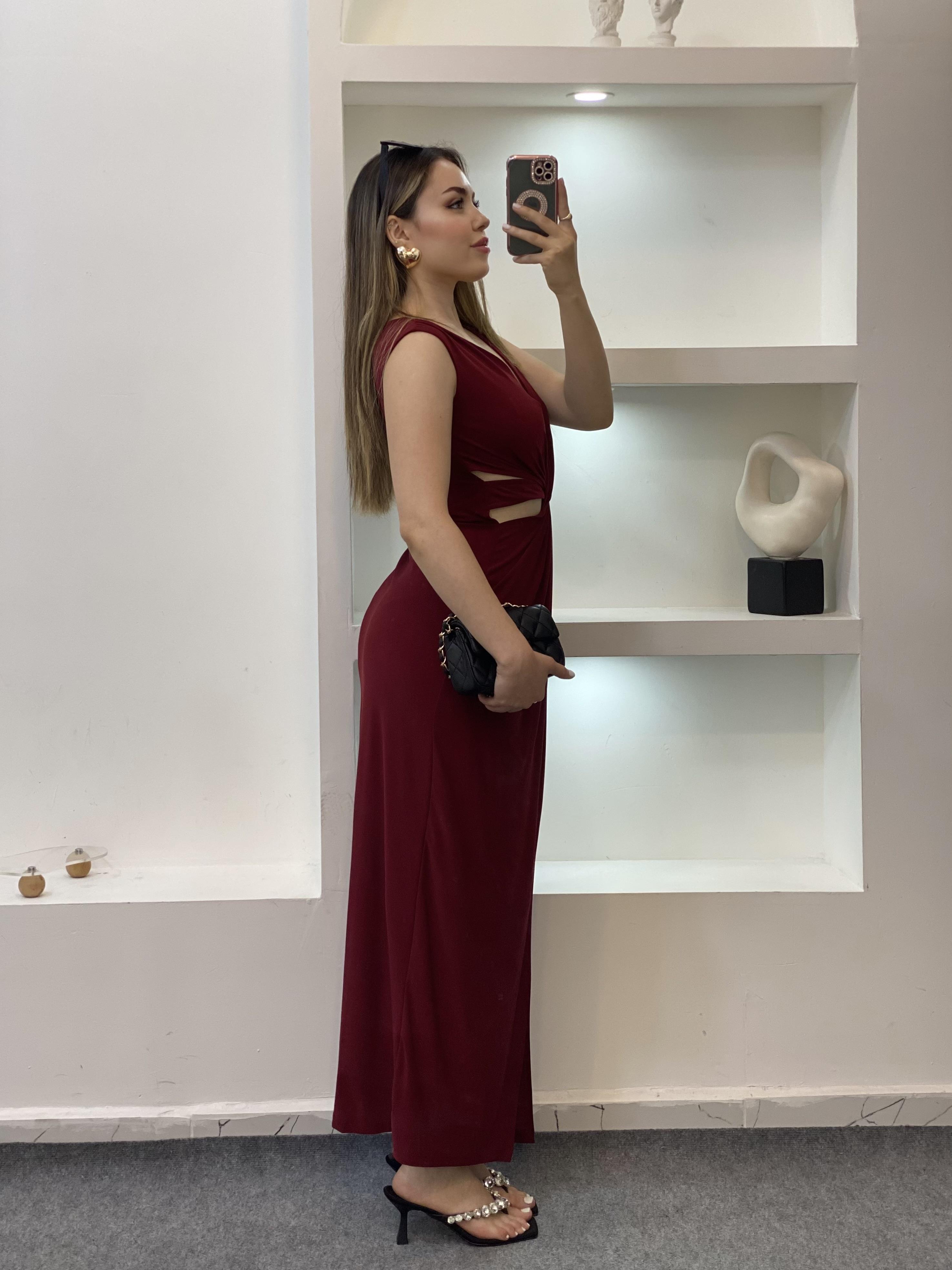Bordo Bel Düğümlü Sandy Elbise