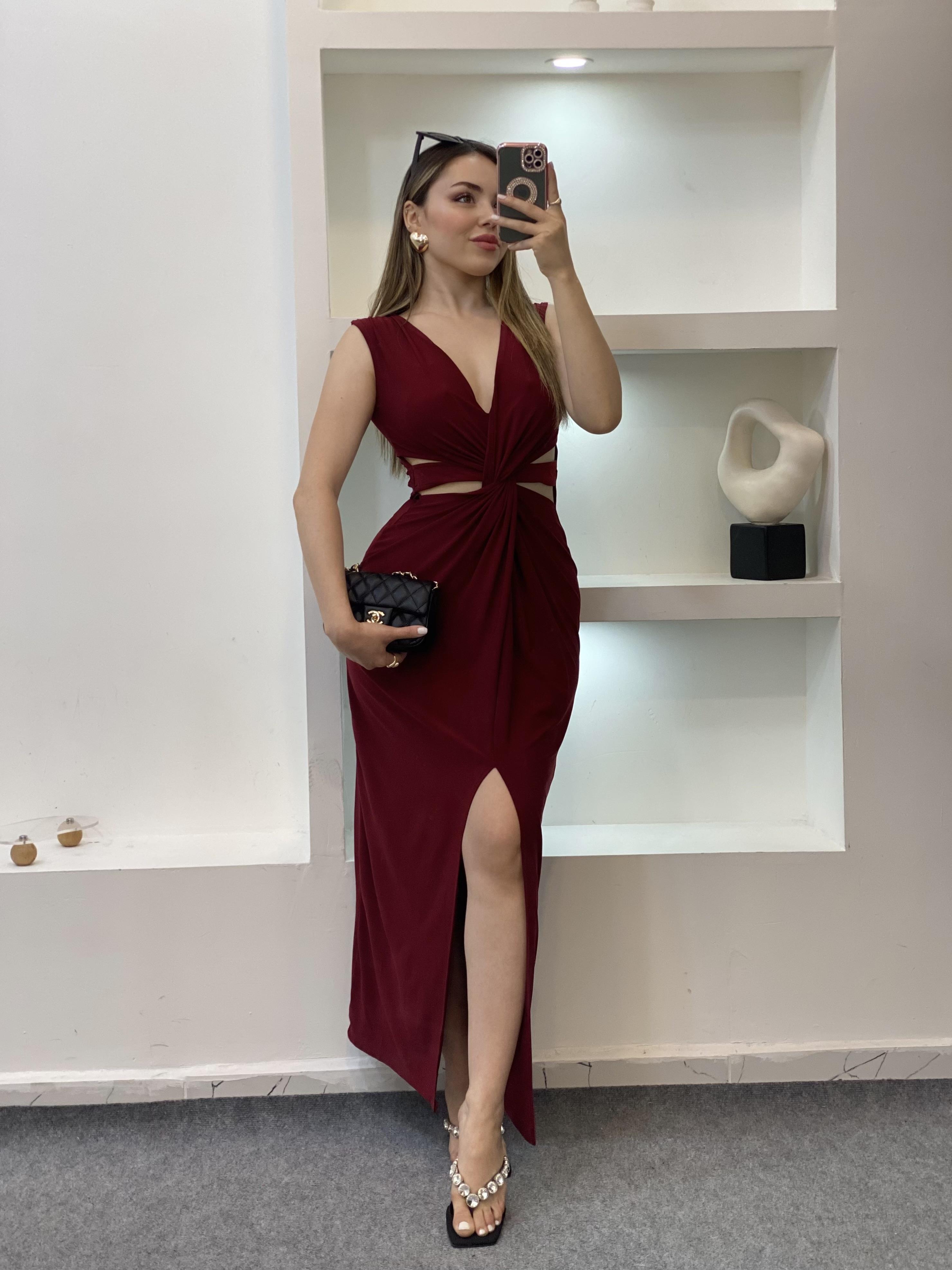 Bordo Bel Düğümlü Sandy Elbise