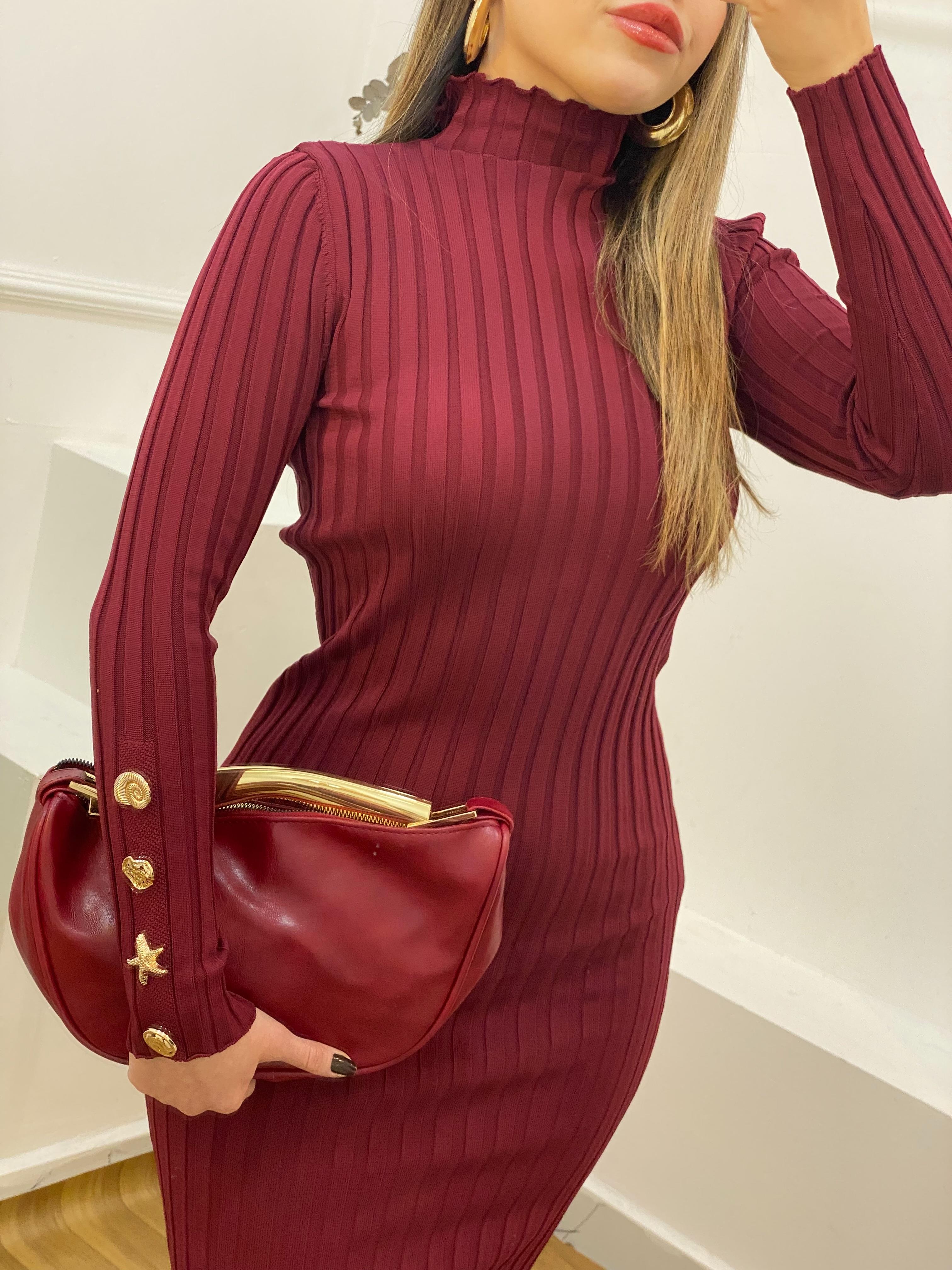 Bordo Boğazlı Bilek Gold Düğmeli Triko Elbise