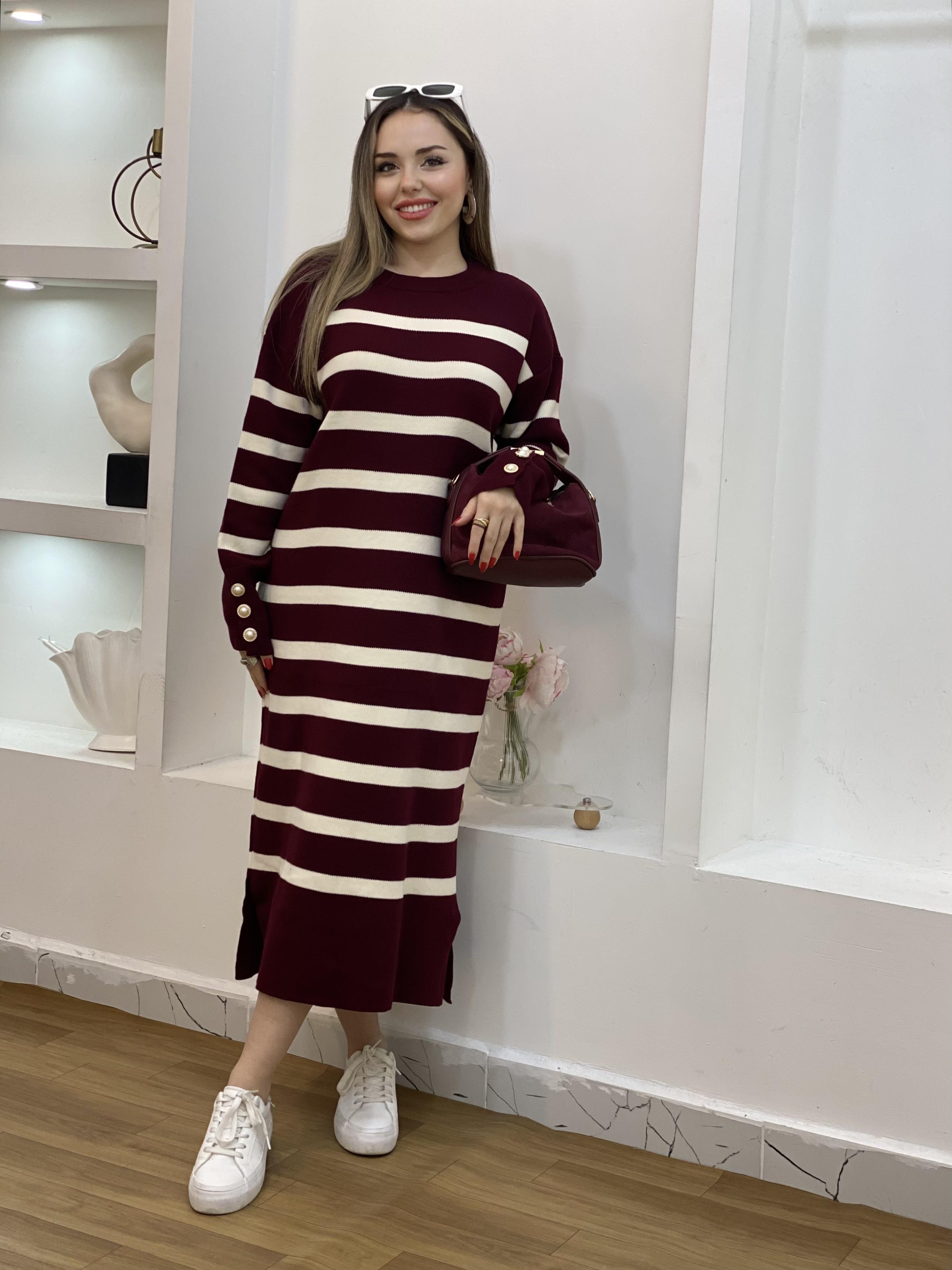 Bordo Çizgili Bilek Düğmeli Triko Elbise